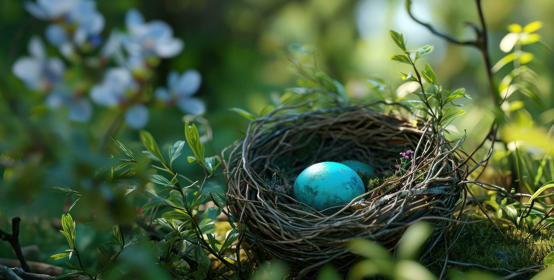 ai generiert einer Ostern Eier Nest im ein Garten foto