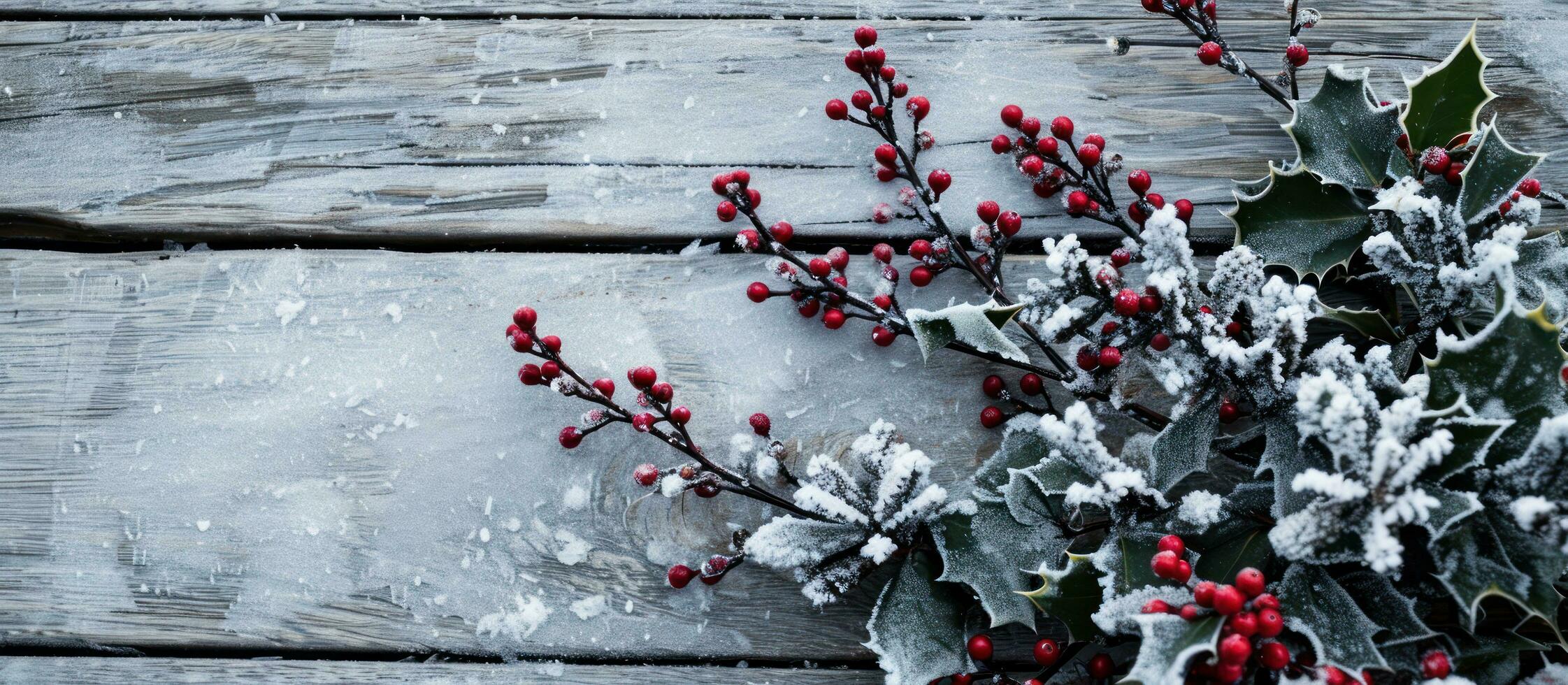 ai generiert Stechpalme Geäst und Schnee bedeckt Bäume auf ein hölzern Oberfläche foto