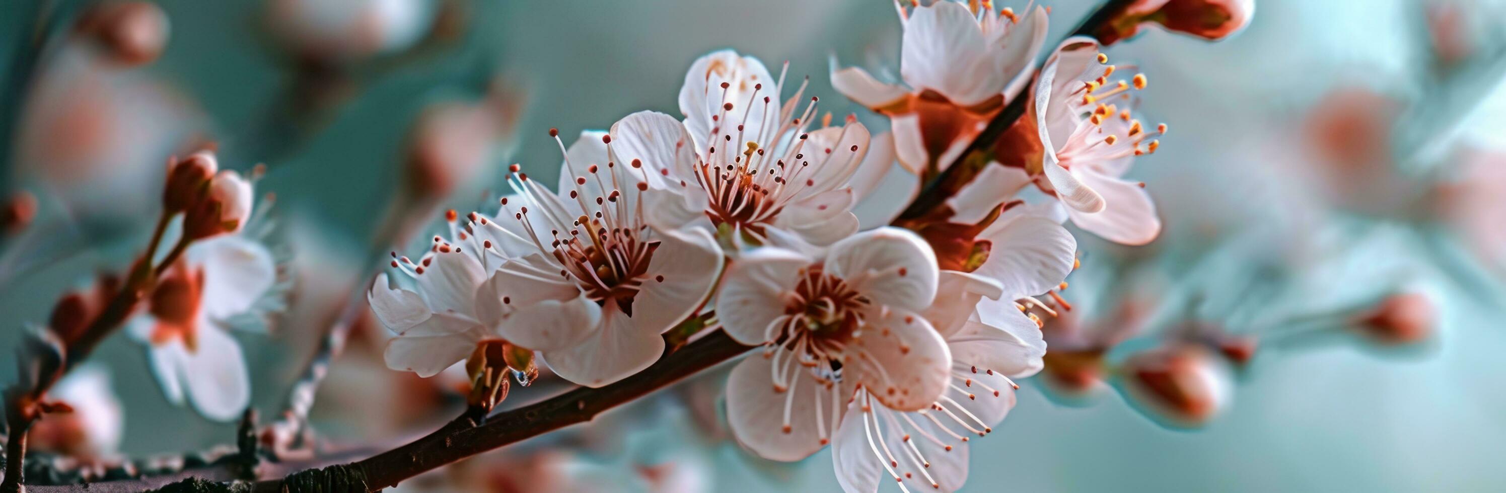 ai generiert Rosa Blüten auf ein Blau Hintergrund foto