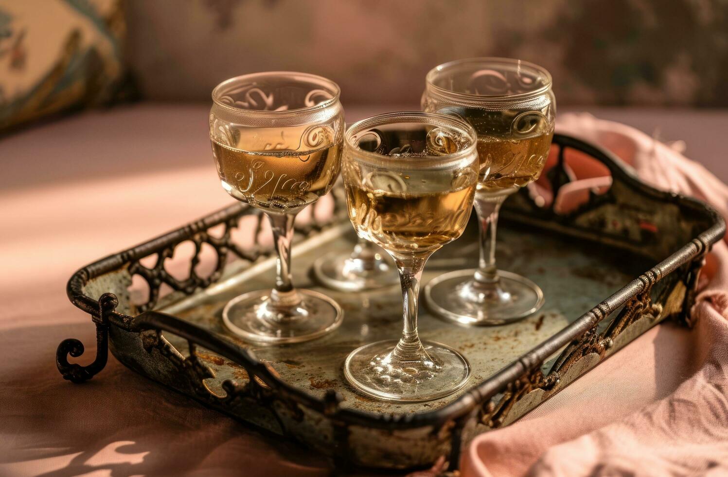 ai generiert drei Französisch Weiß Wein Brille mit zwei bearbeitet Eisen Endstücke auf ein Antiquität Zinn Tablett foto