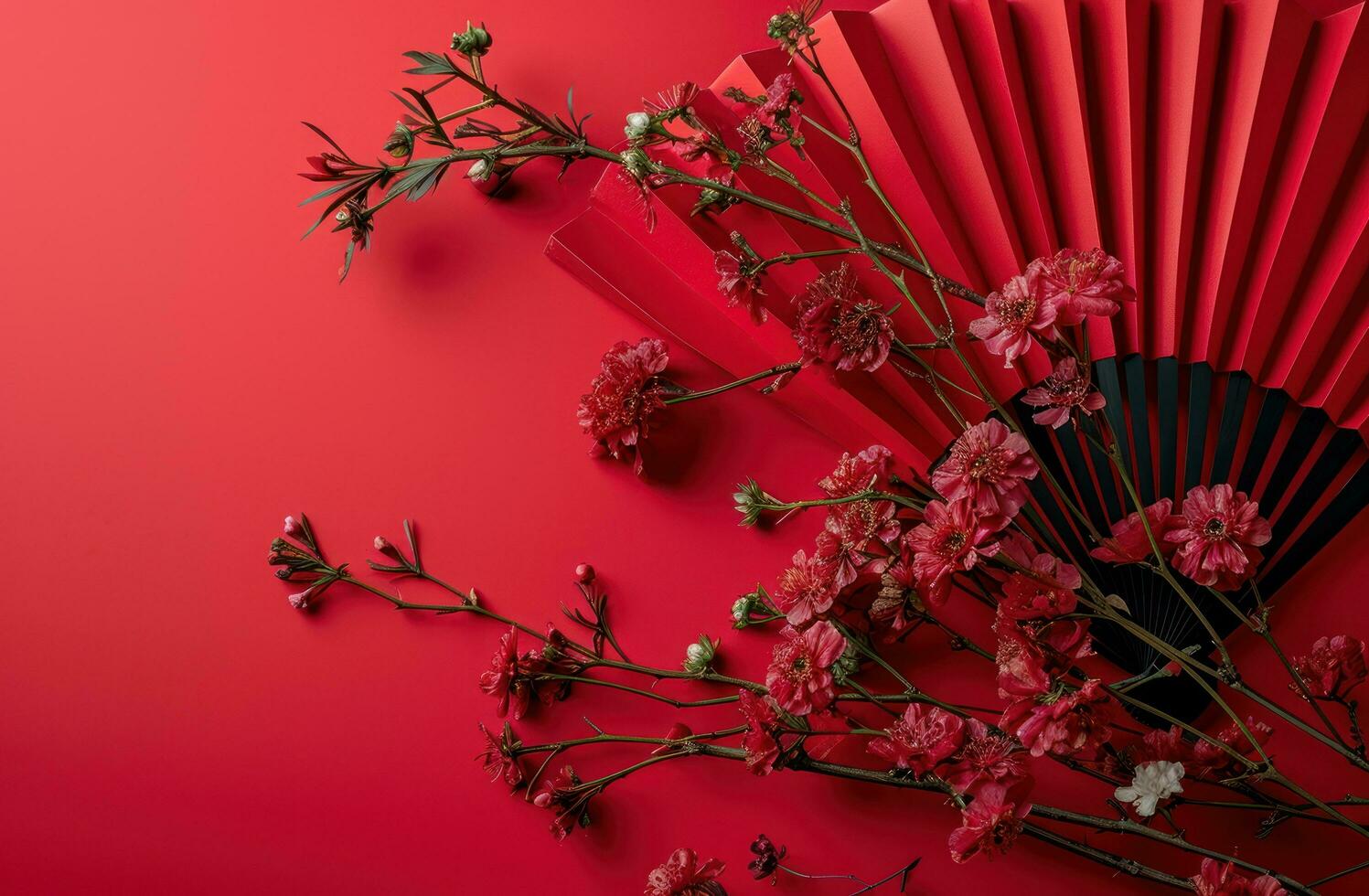 ai generiert das Papier Ventilator mit Blumen auf rot Hintergrund foto