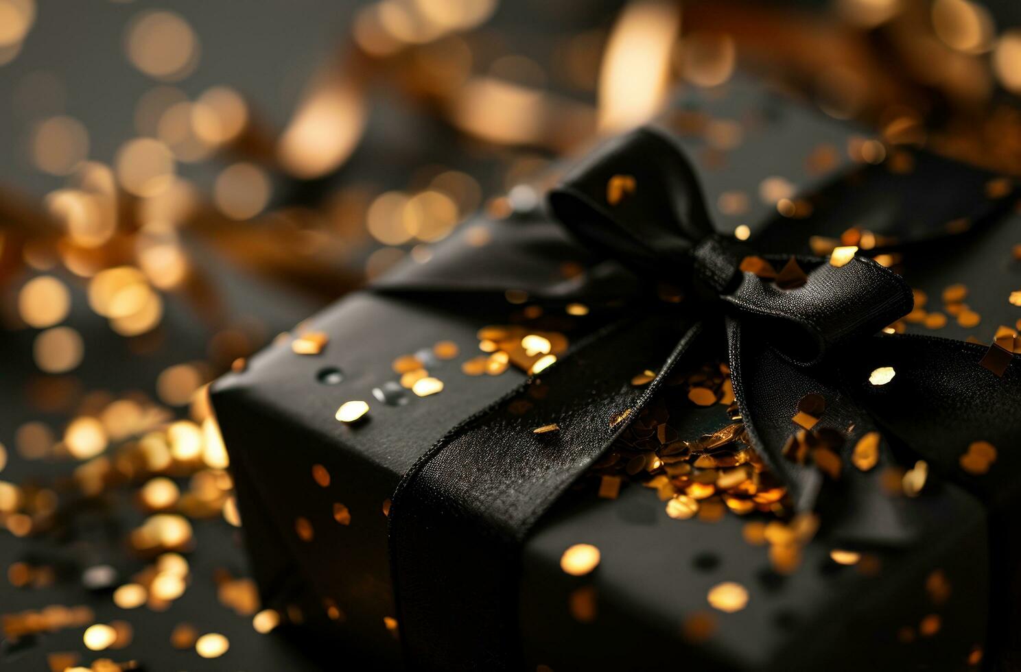ai generiert ein schwarz Geschenk mit Gold und Bänder foto