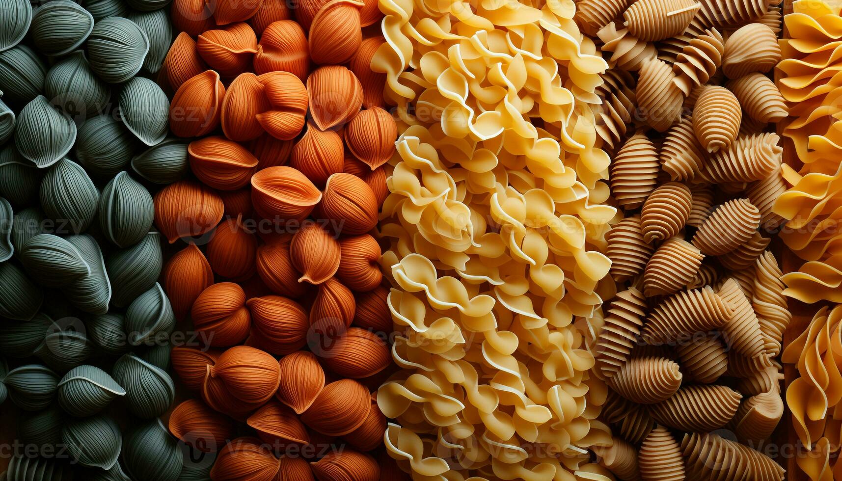 ai generiert ein bunt Sammlung von Pasta Formen, ein gesund Gourmet Mahlzeit generiert durch ai foto