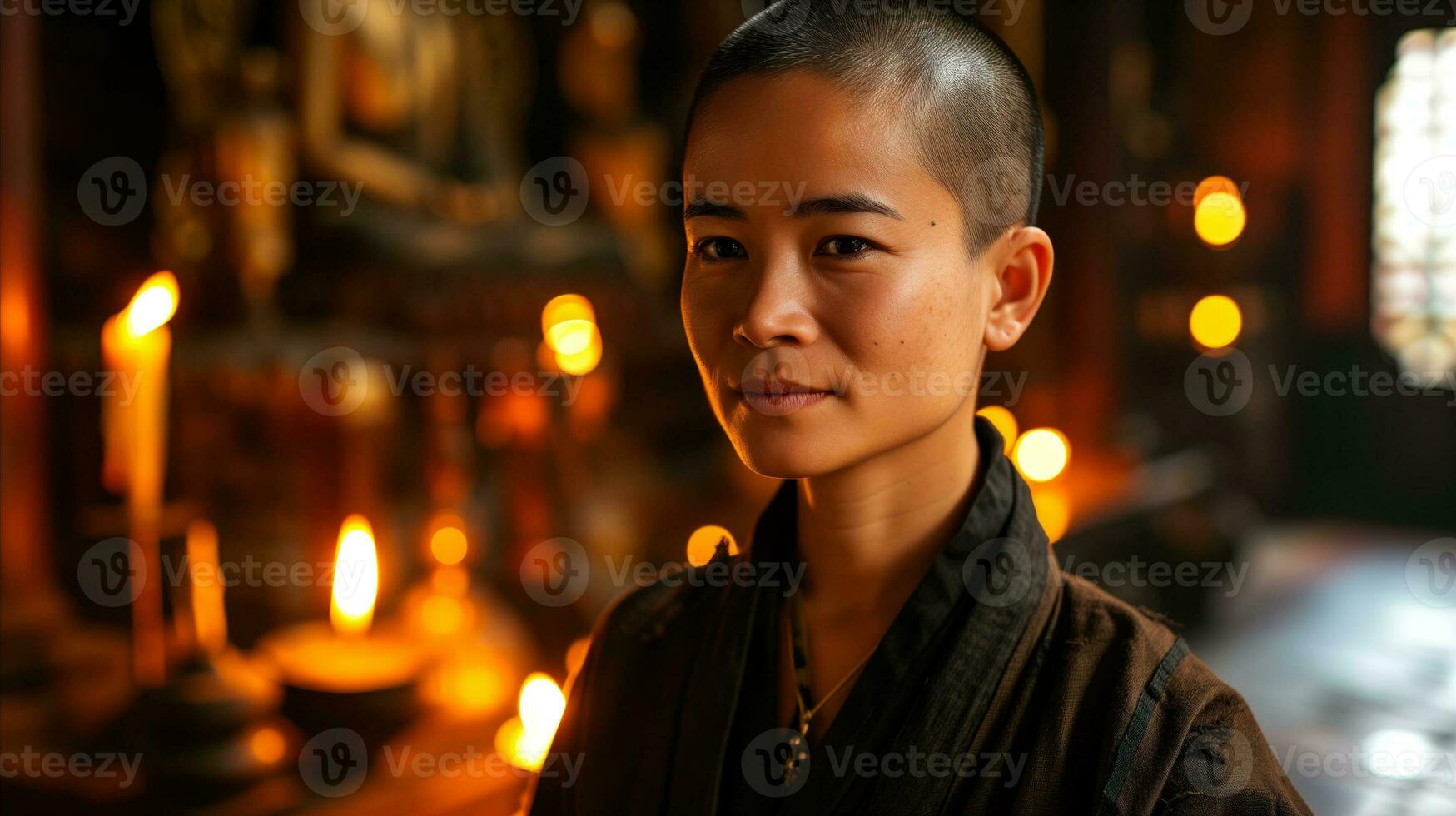 ai generiert heiter Buddhist Nonne im Meditation Raum mit warm Kerzenlicht foto