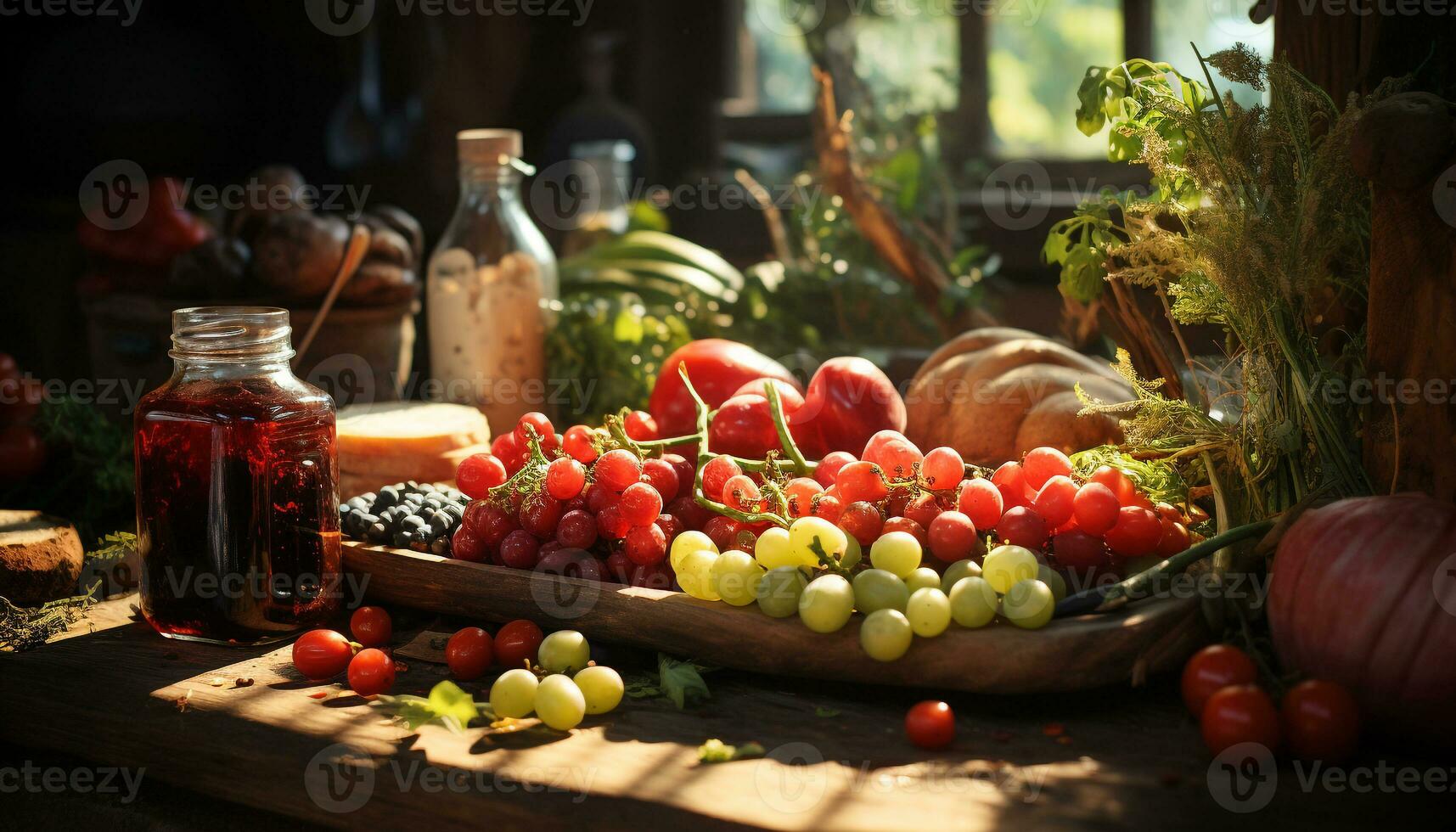 ai generiert frisch organisch Früchte und Gemüse auf rustikal hölzern Tabelle generiert durch ai foto