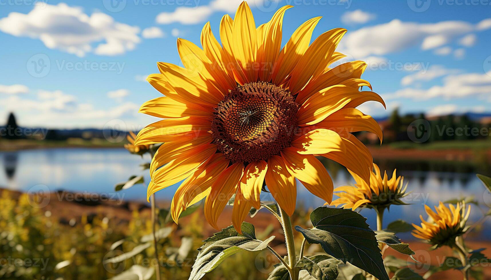 ai generiert hell Sonnenblume blühen im Wiese, reflektieren still Sonnenaufgang Über Wasser generiert durch ai foto