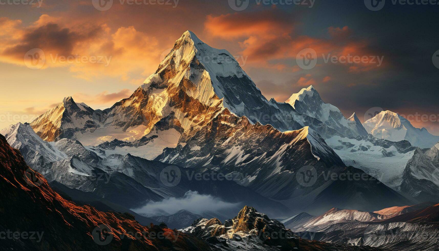 ai generiert majestätisch Berg Gipfel, Schnee bedeckt, Sonnenuntergang Farben Natur Panorama- Schönheit generiert durch ai foto