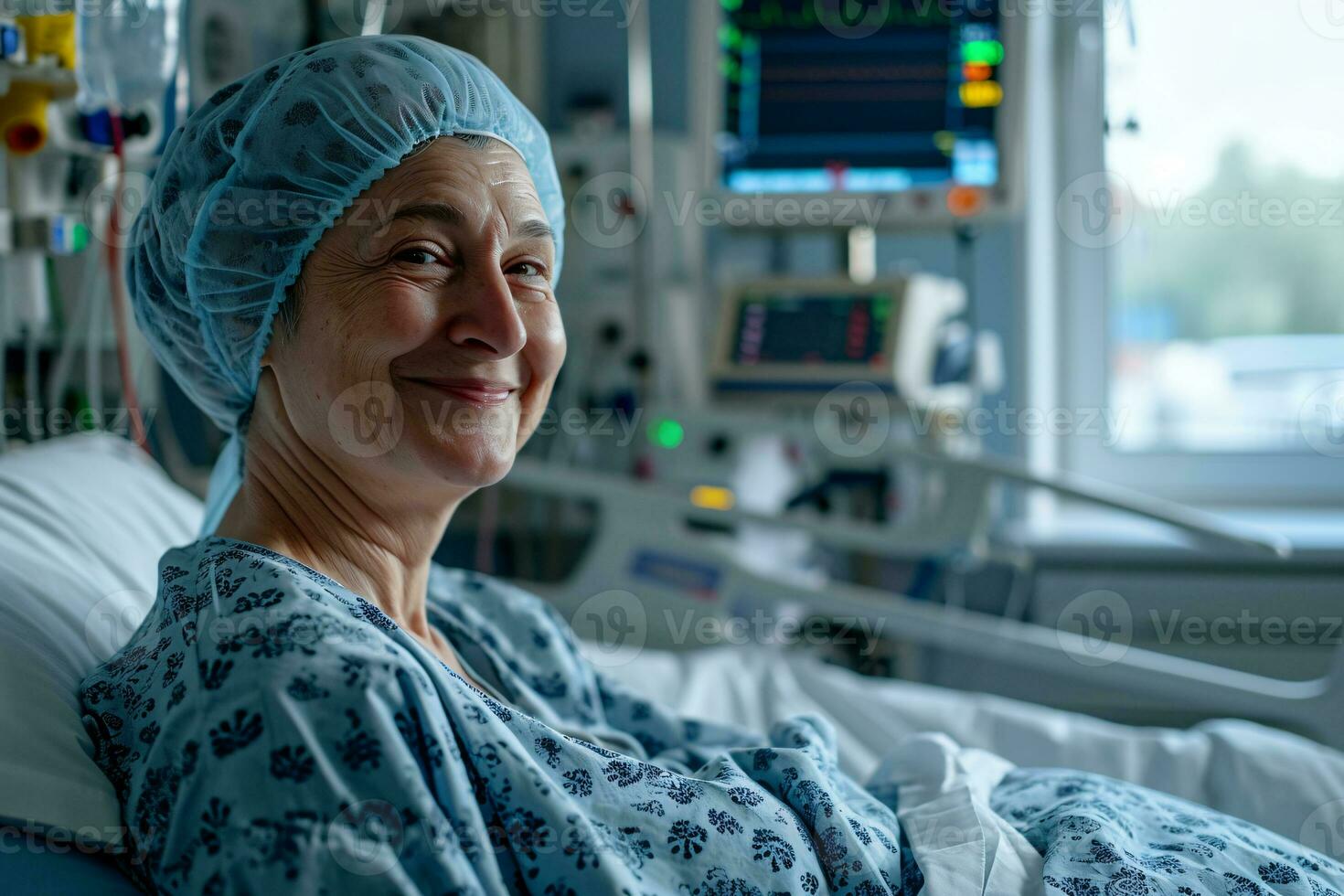 ai generiert glücklich Krebs geduldig. lächelnd Frau nach Chemotherapie Behandlung beim Krankenhaus Onkologie Abteilung. Brust Krebs Erholung. Brust Krebs Überlebende. lächelnd kahl Frau mit Blau Kopftuch. foto