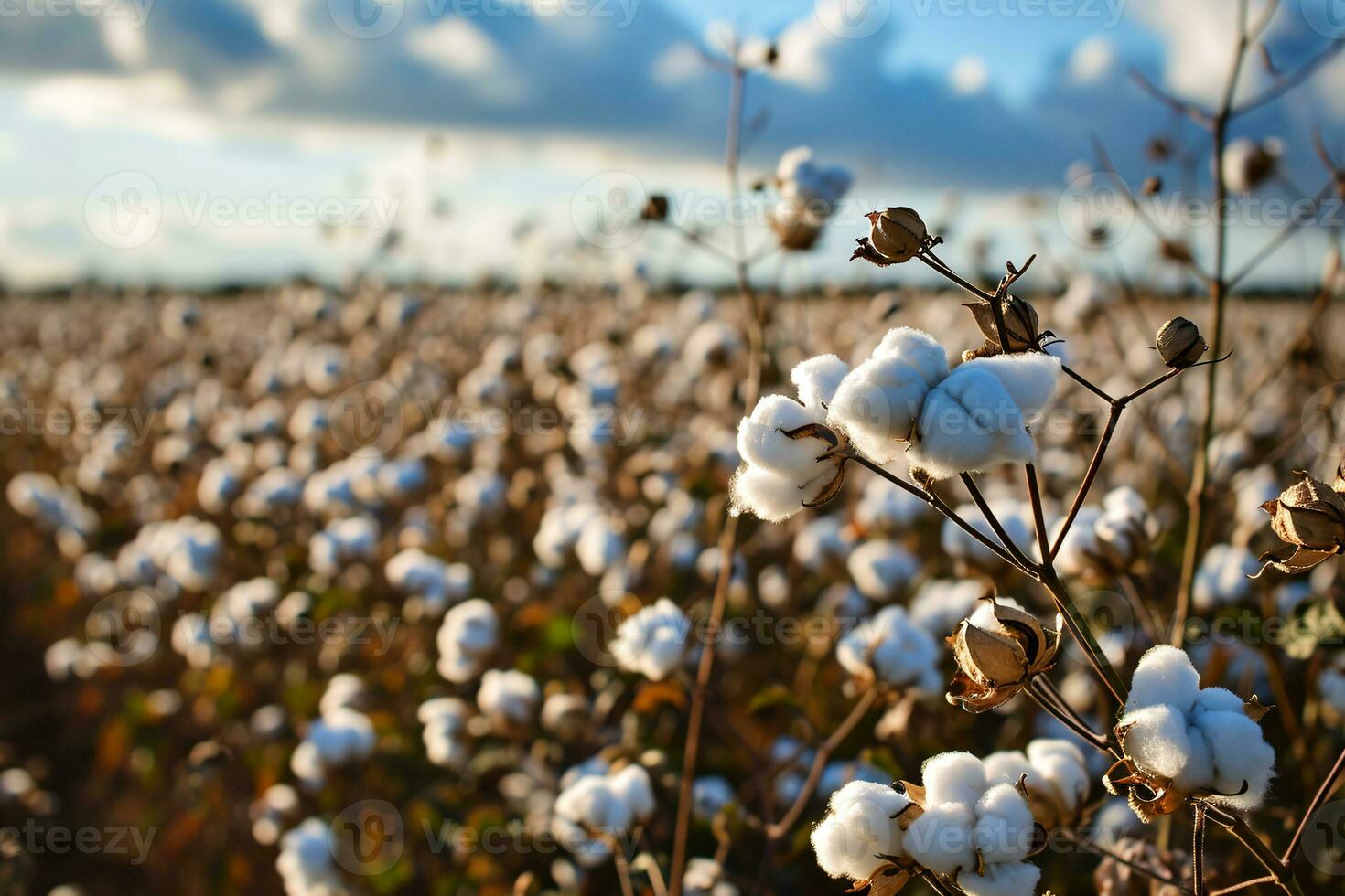 ai generiert Baumwolle Bauernhof während Ernte Jahreszeit. Feld von Baumwolle Pflanzen mit Weiß Bolls. nachhaltig und umweltfreundlich trainieren auf ein Baumwolle Bauernhof. organisch Landwirtschaft. roh Material zum Textil- Industrie. foto