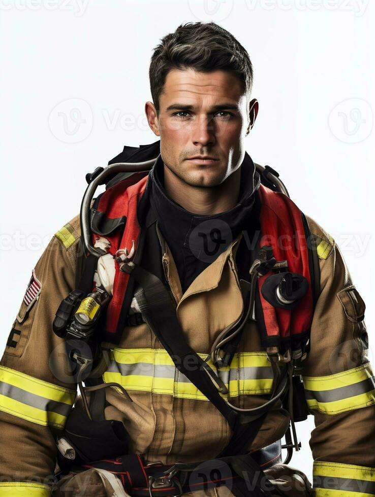 ai generiert mutig männlich Feuerwehrmann im Aktion, ai generiert foto
