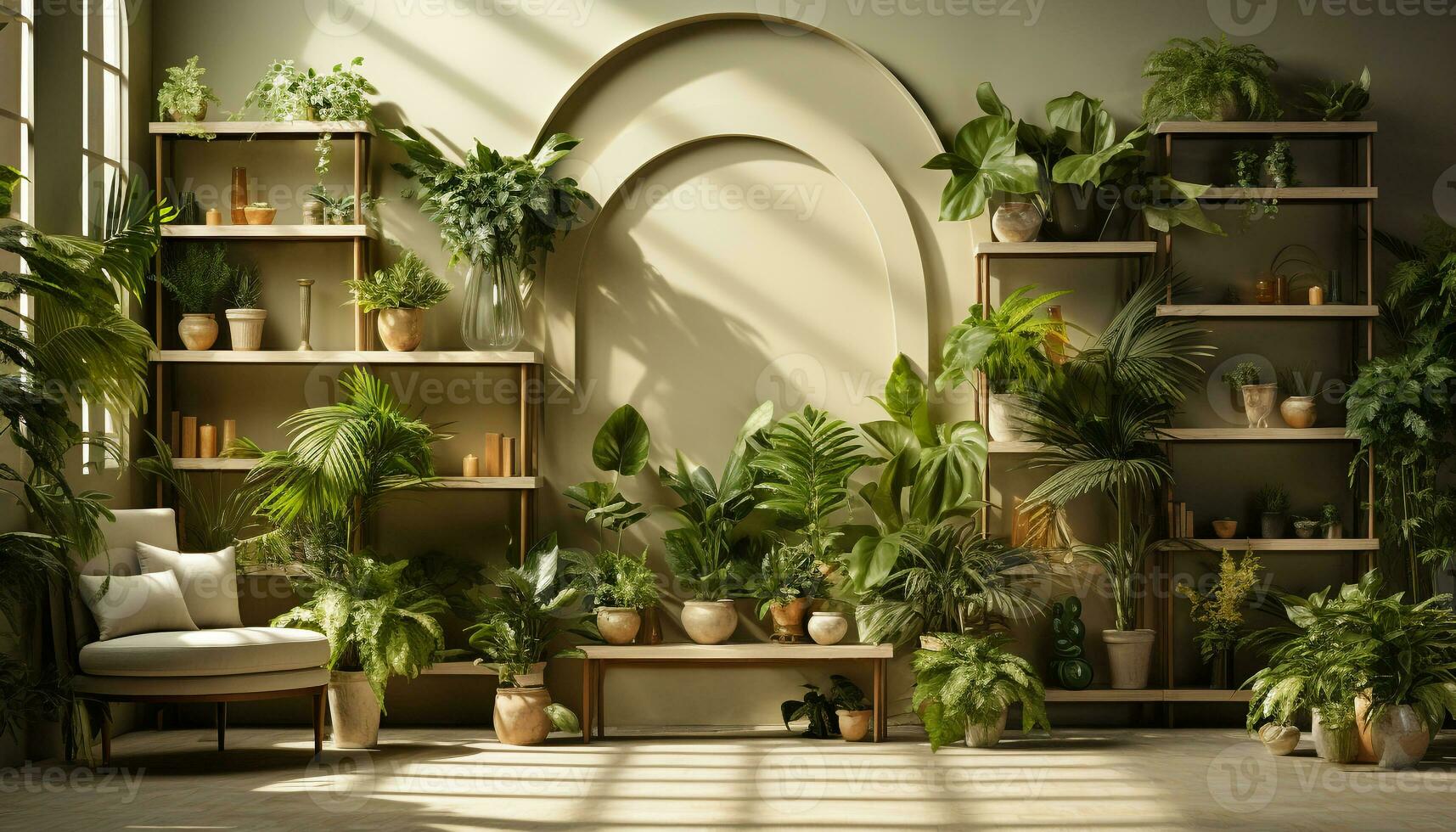 ai generiert modern Zuhause Innere mit Grün Pflanzen und komfortabel Möbel generiert durch ai foto