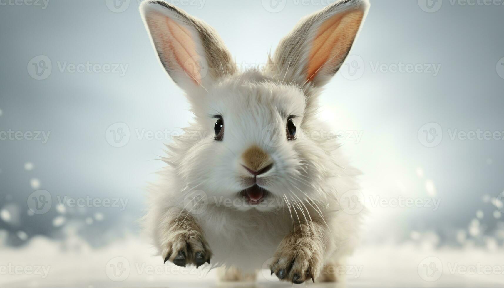 ai generiert süß Baby Hase Sitzung im das Schnee, suchen beim Kamera generiert durch ai foto