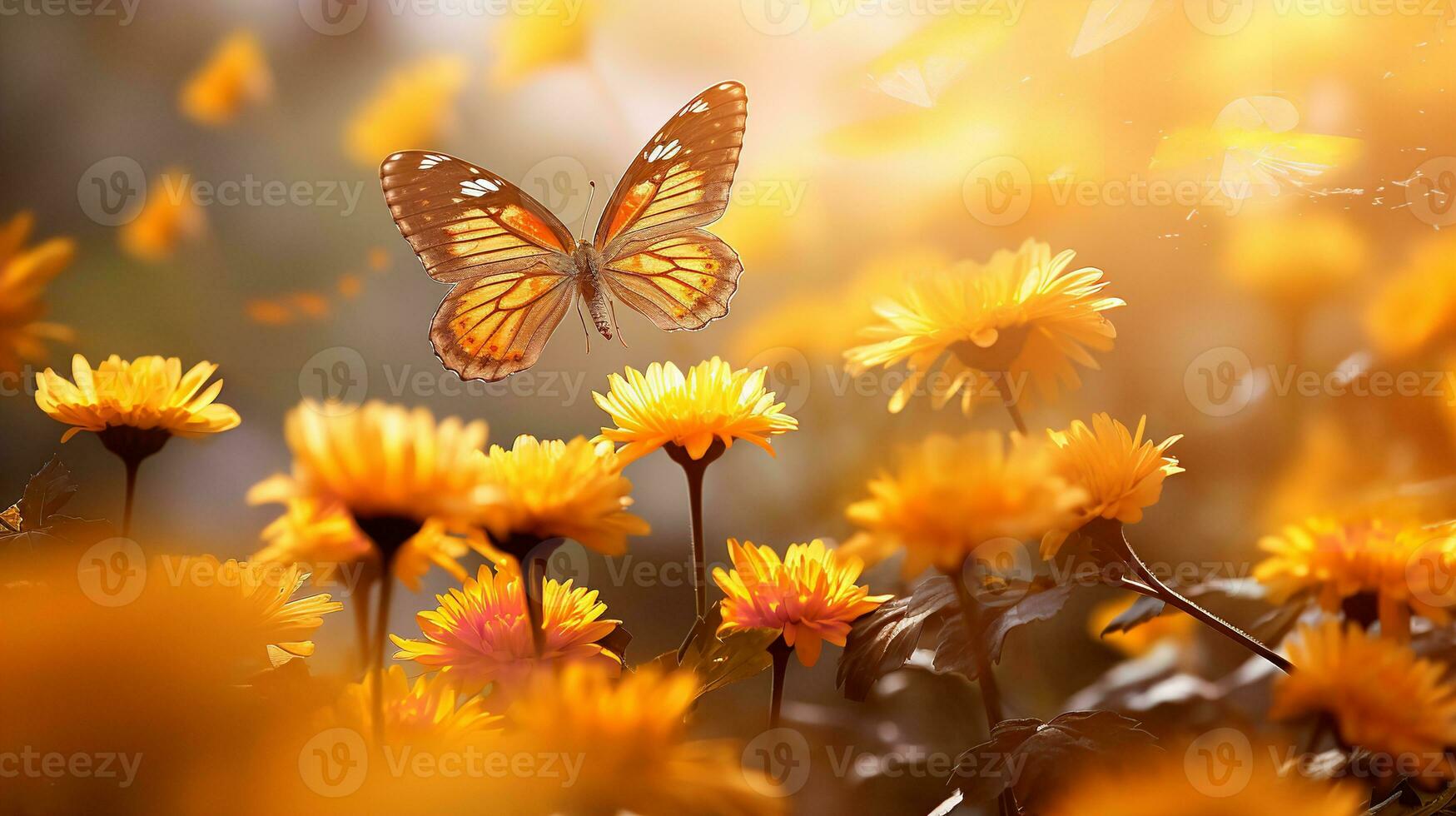 ai generiert Herbst Ringelblume Feld mit Schmetterlinge - - ai generiert foto