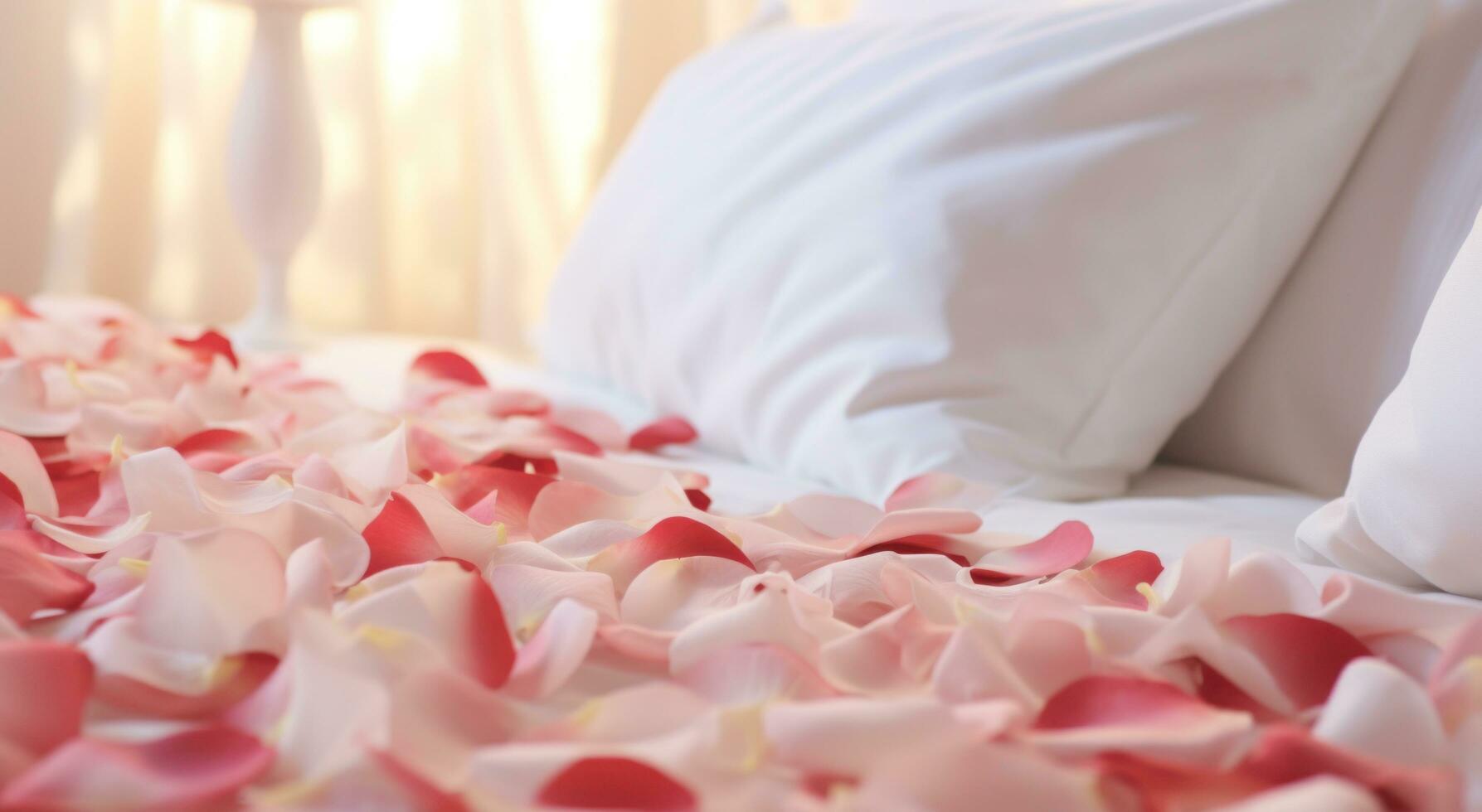 ai generiert das Bild ist von Weiß Rose Blütenblätter und Weiß Seide Blumen- Muster auf oben von ein Hotel Bett foto