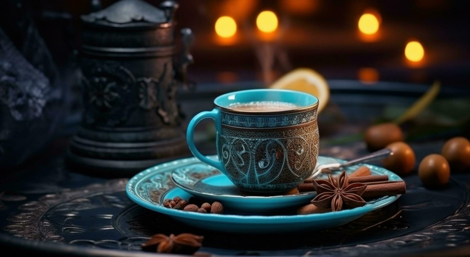 ai generiert Türkisch Kaffee ein warm trinken umgeben durch Gewürze foto