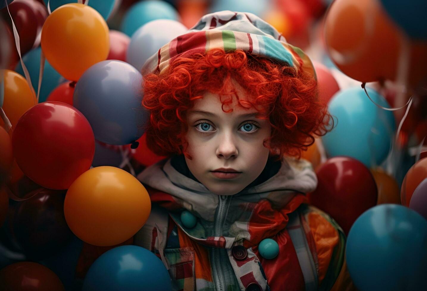 ai generiert jung Clown im das Clown Outfit posiert mit Luftballons foto