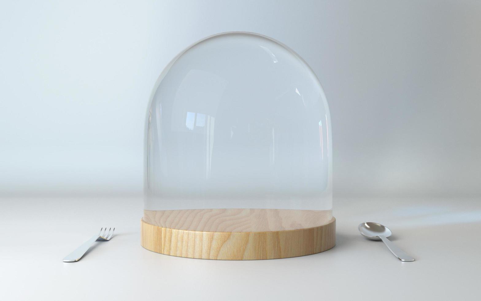 Glaskuppel auf Holzplatte mit Löffel und Gabel für Lebensmittelanzeige 3D-Rendering foto