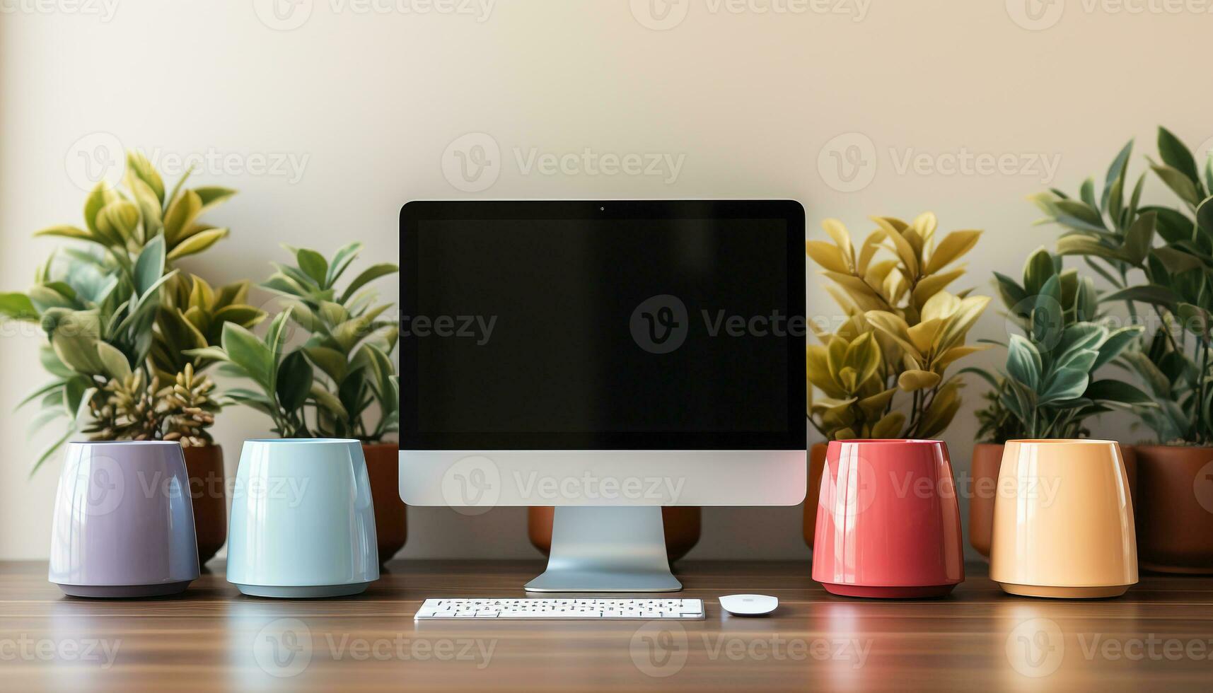 ai generiert modern Büro Schreibtisch mit Computer, Anlage, und Vase Dekoration generiert durch ai foto