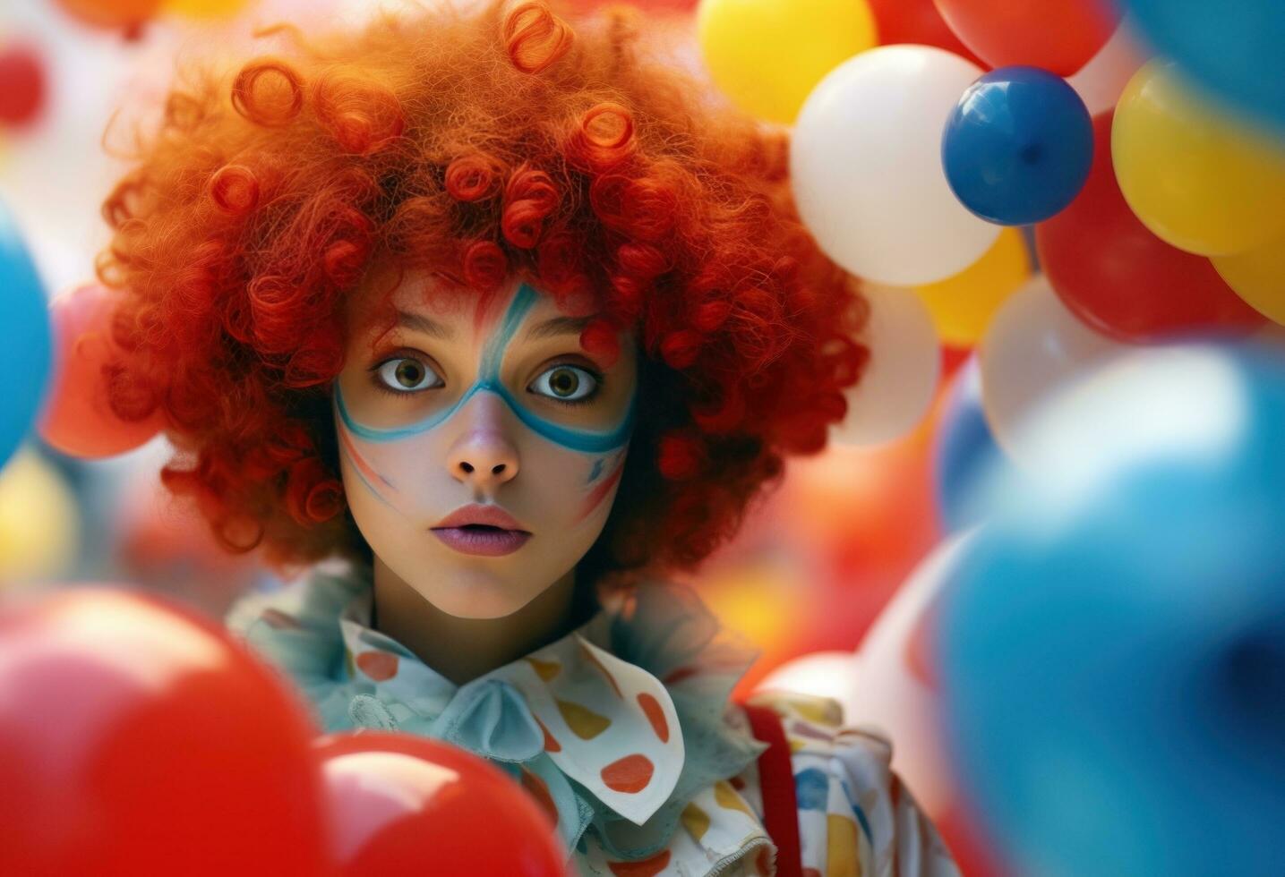 ai generiert jung Clown im das Clown Outfit posiert mit Luftballons foto