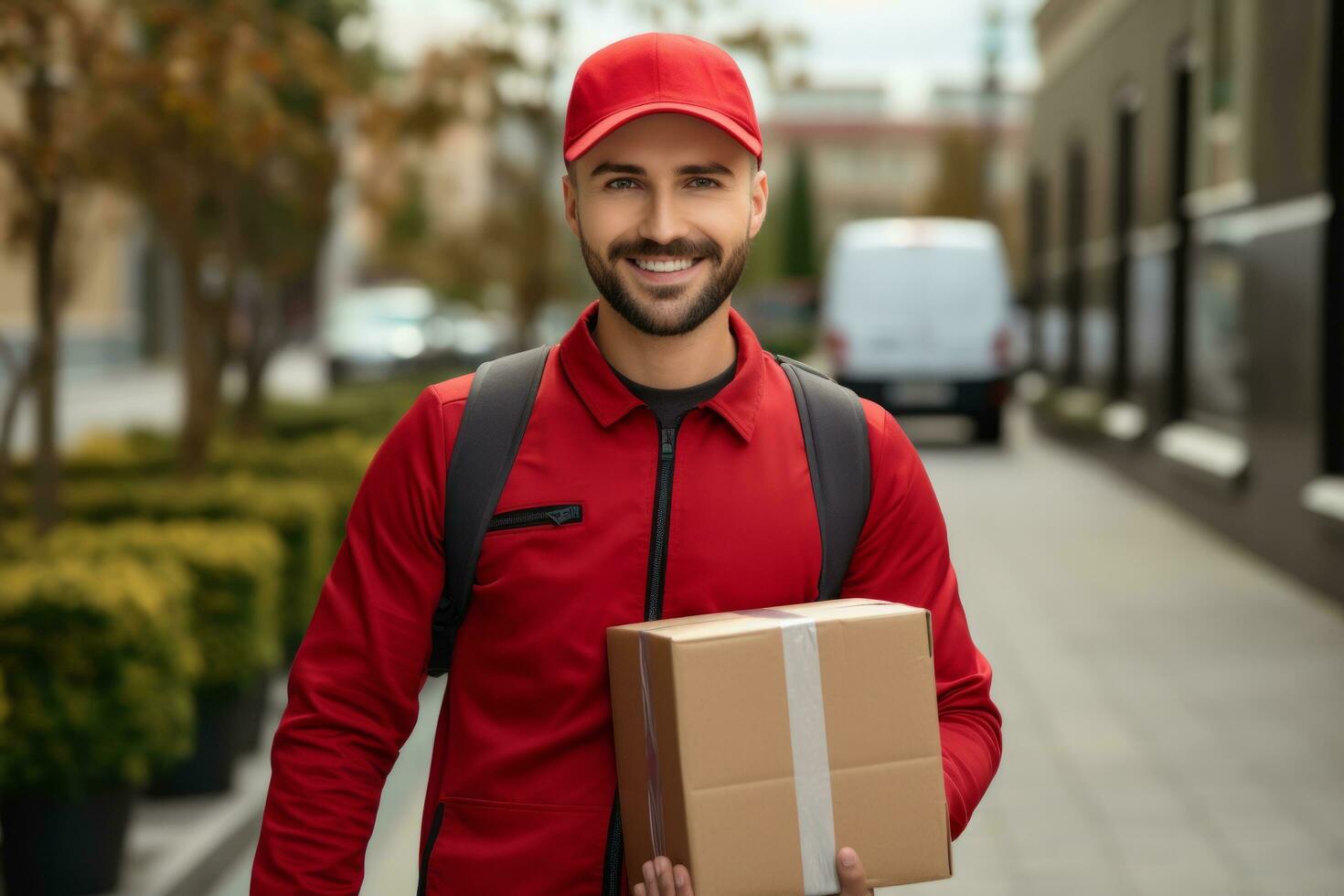 ai generiert ein Lieferung Mann im rot ist halten ein Box foto