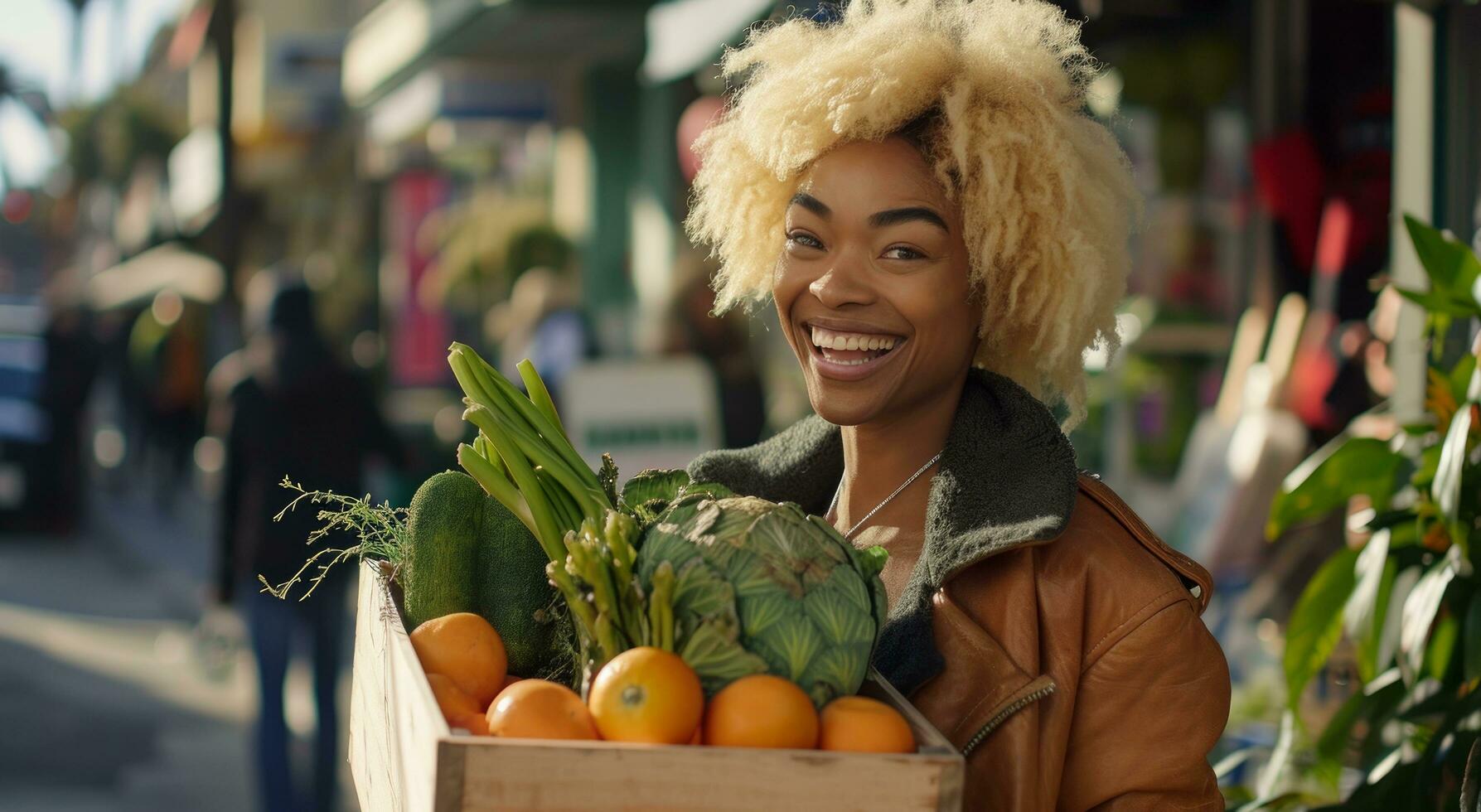 ai generiert ein schaumig blond lächelt auf Stadt Markt Straße während Tragen ein groß hölzern Box von Gemüse foto