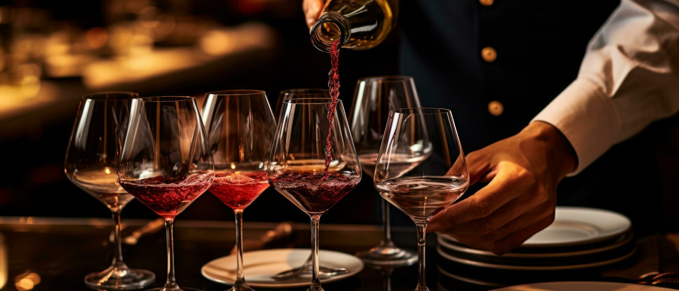 ai generiert ein Bedienung gießt Wein in Brille beim ein Restaurant, foto