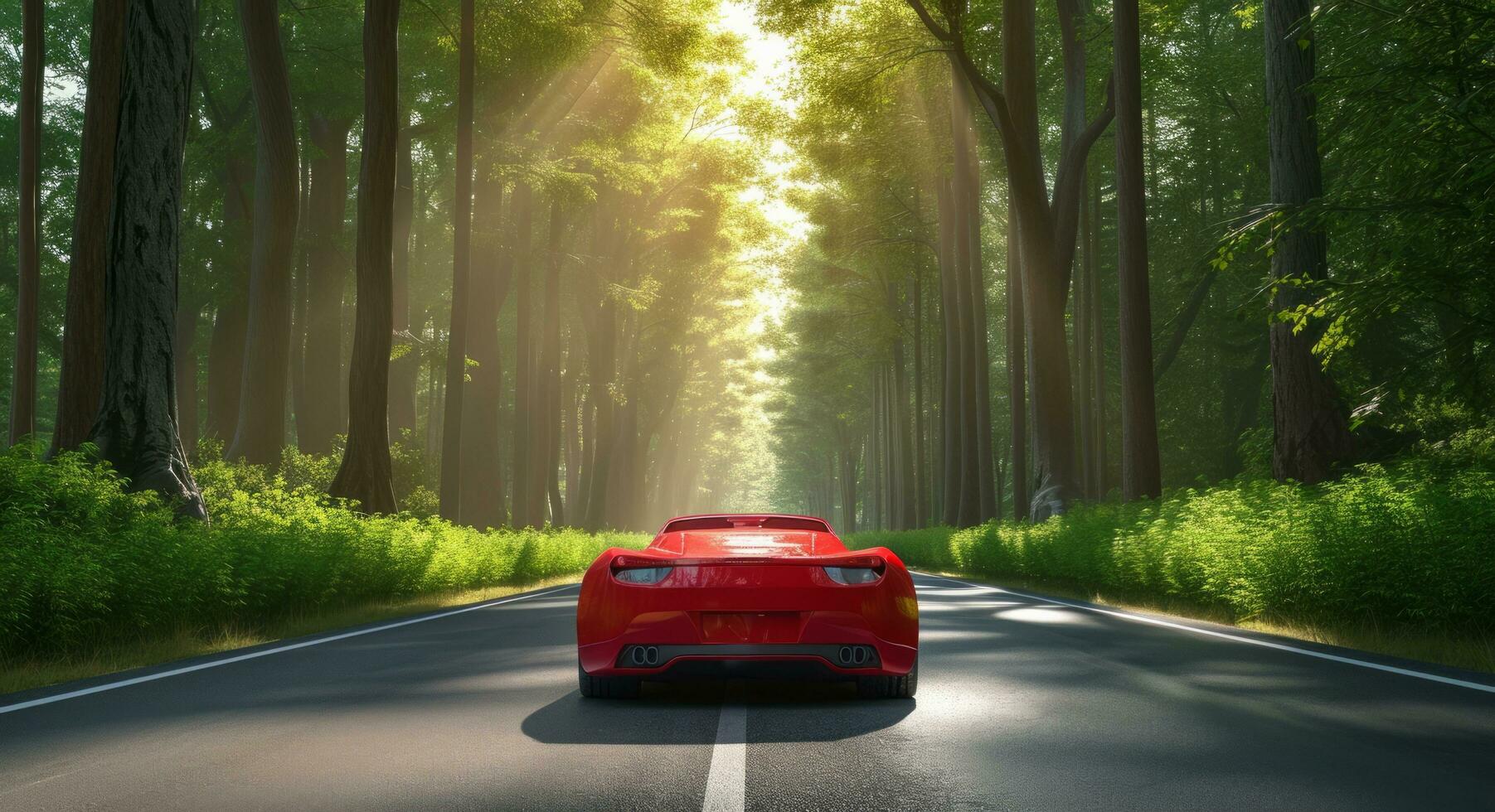 ai generiert rot Sport Auto auf das Straße mit das Bäume um foto