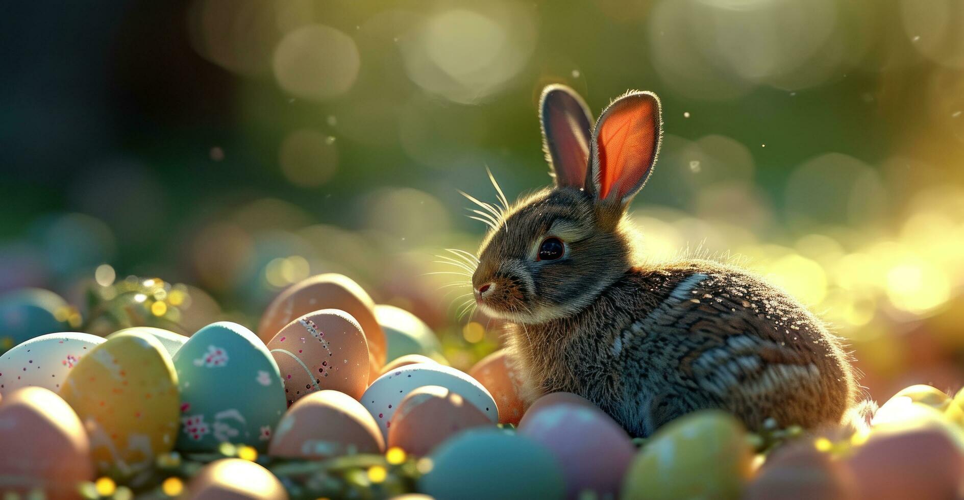 ai generiert ein klein Hase umgeben durch bunt Eier foto