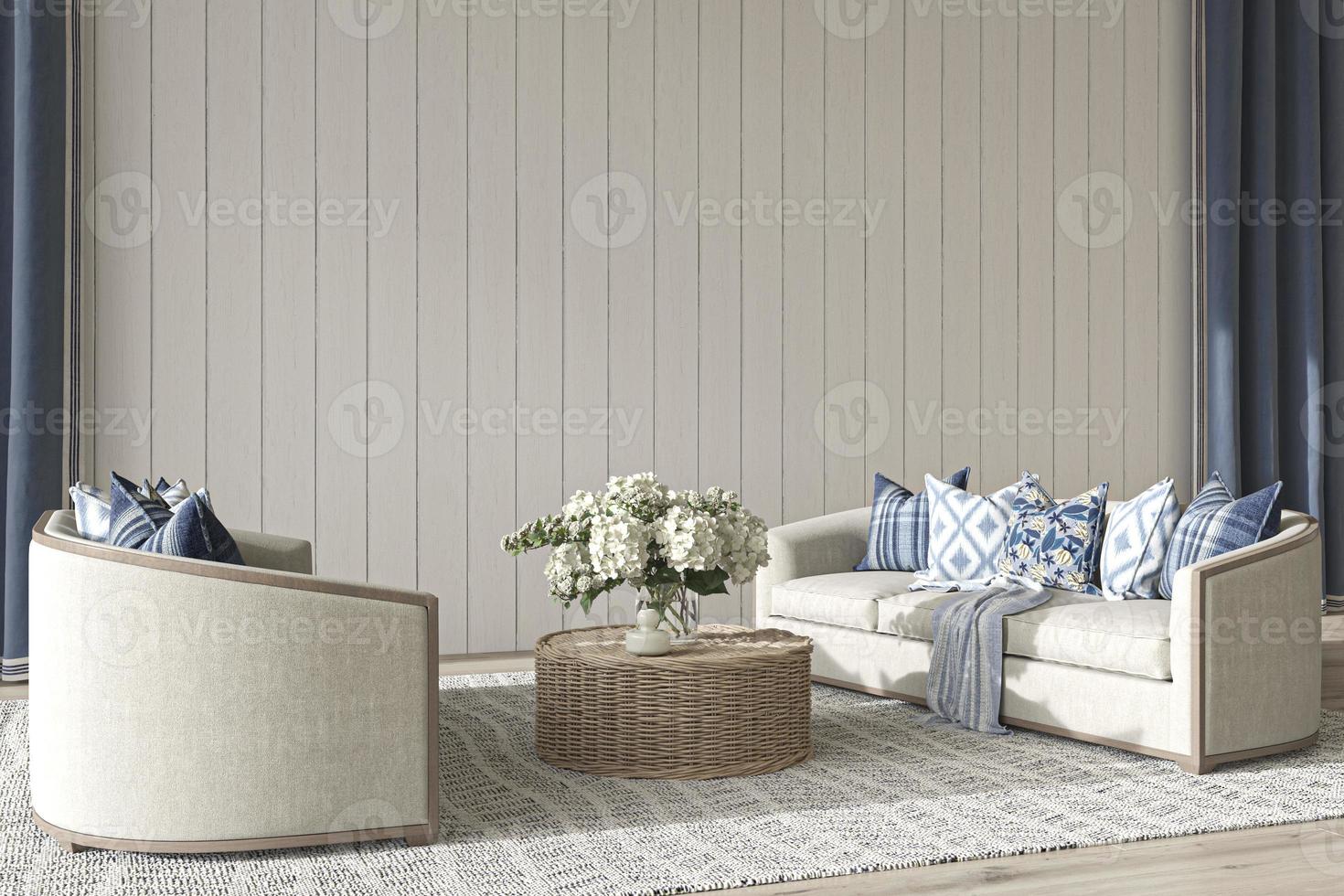 Wohnzimmer im Küstendesign. Mock-up weiße Wand im gemütlichen Innenhintergrund. Hampton-Stil 3D-Render-Illustration. foto