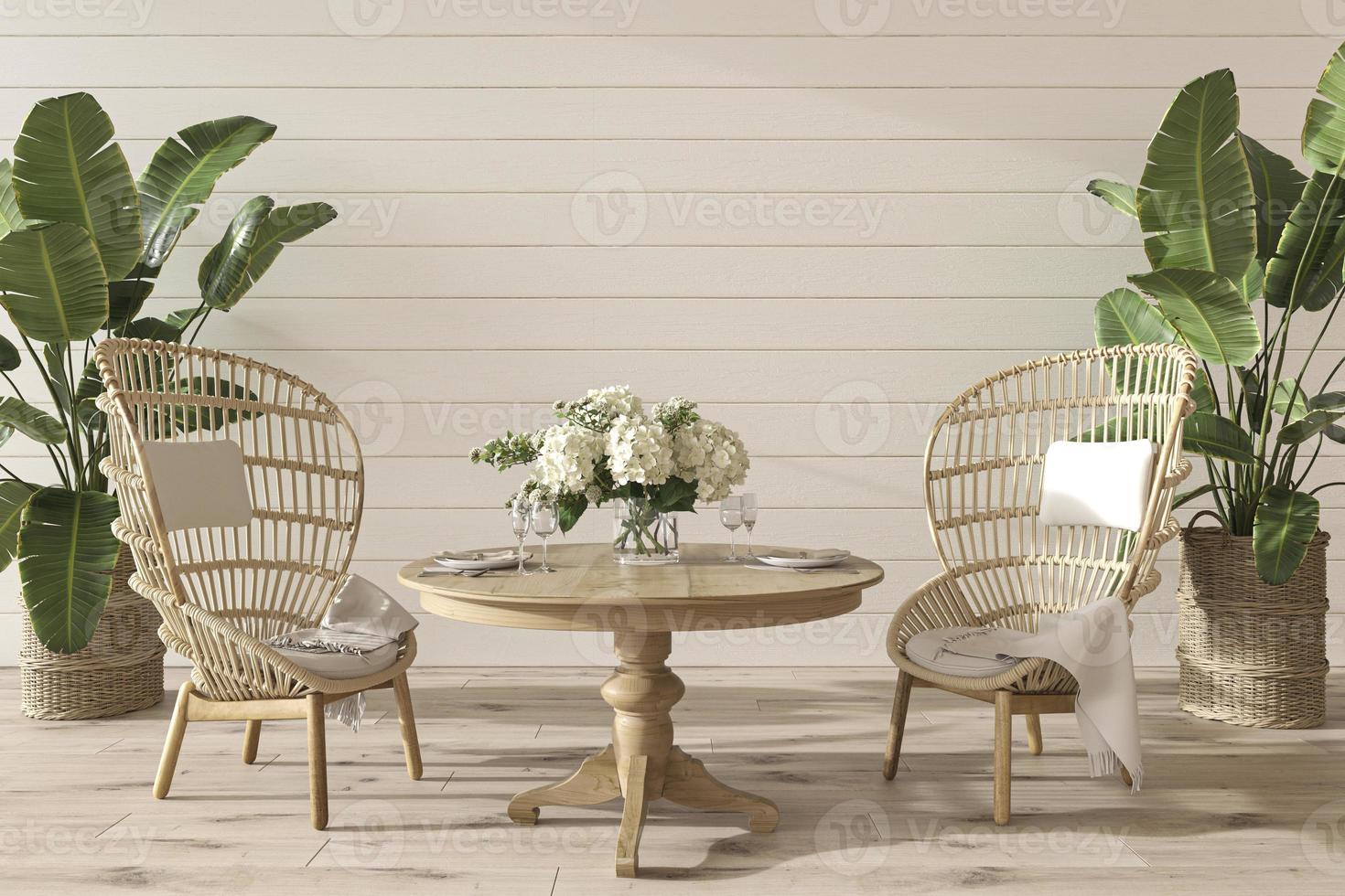 Esszimmer im Küstendesign mit Tisch und Korbmöbeln. weiße wand des modells im gemütlichen wohninnenhintergrund. Hampton-Stil 3D-Render-Illustration. foto