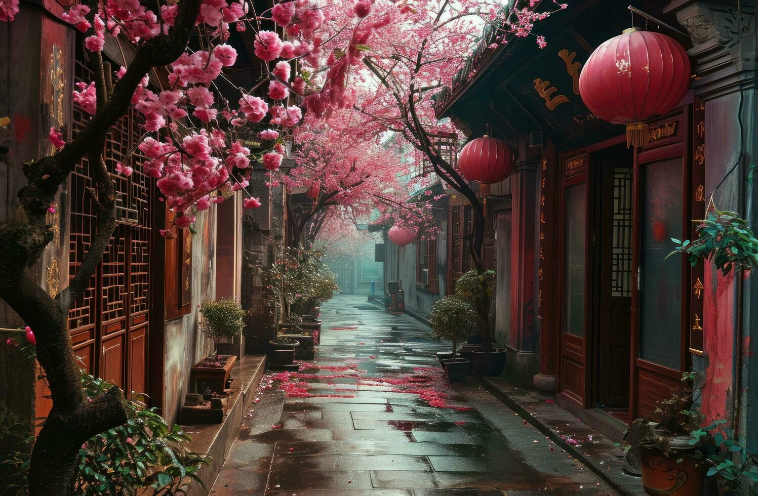 ai generiert ein Gasse im ein asiatisch Stadt, Dorf gefüllt mit Rosa Blüten foto