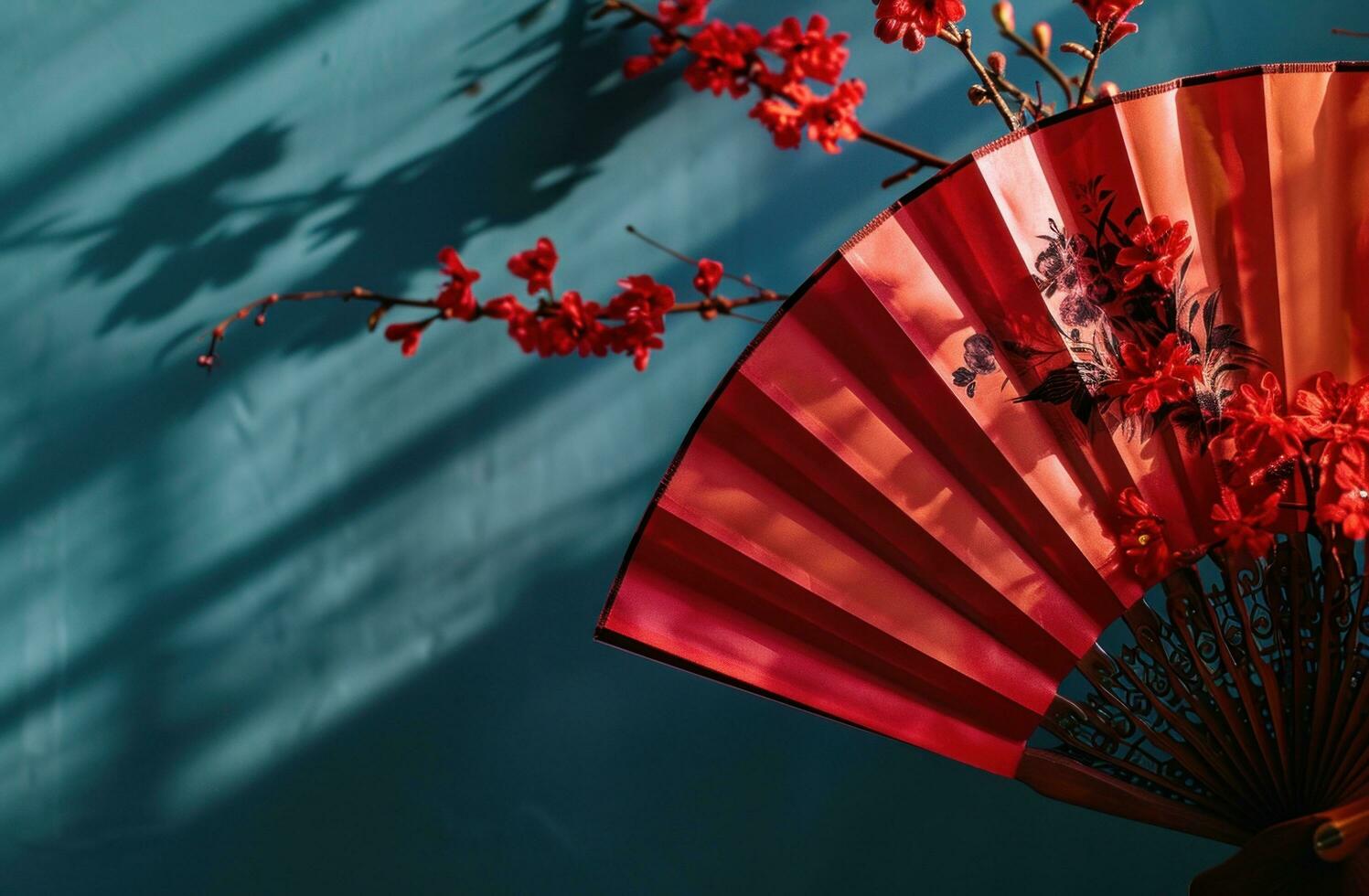 ai generiert Chinesisch rot Papier Ventilator mit Blume Dekoration gegen Blau Hintergrund foto