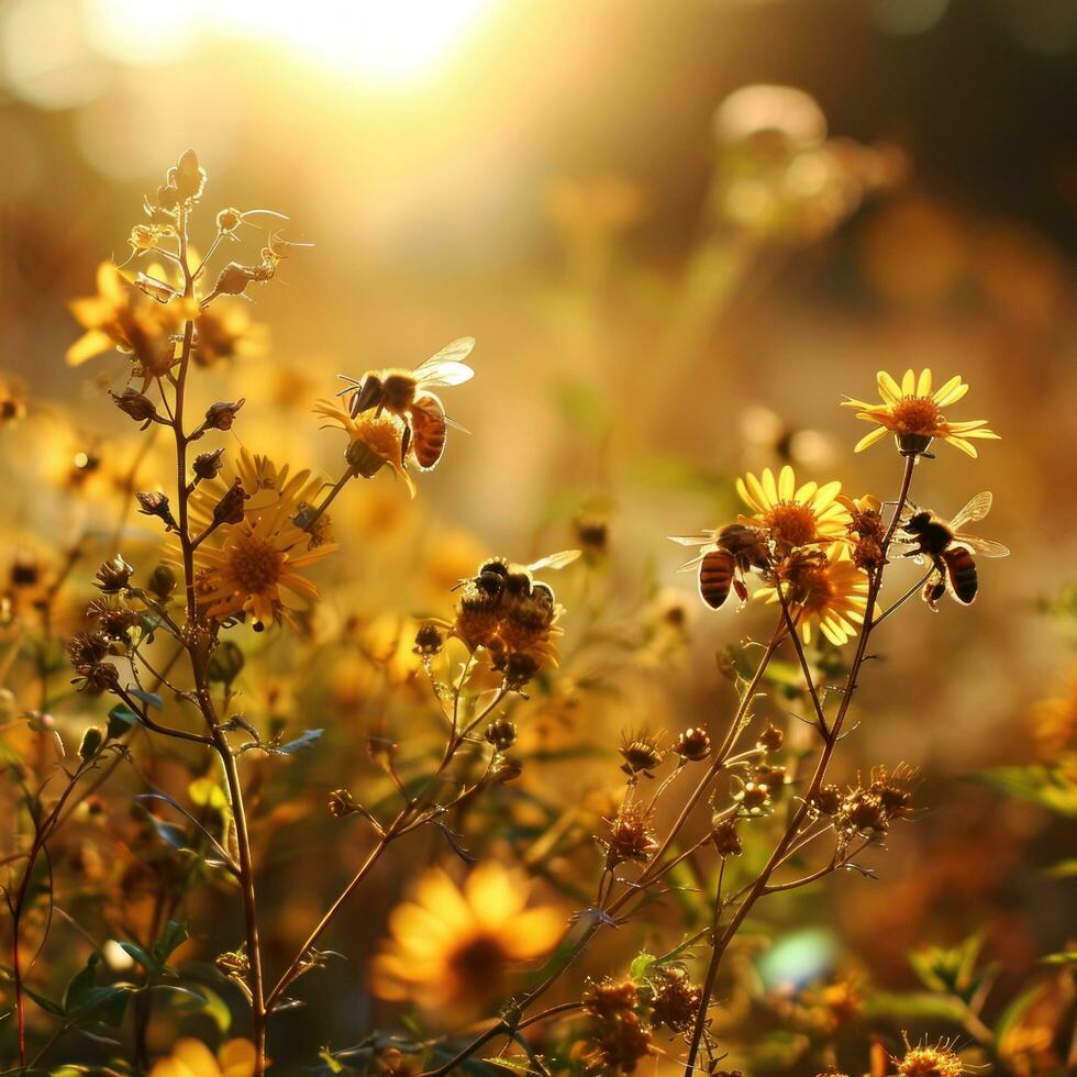 ai generiert Bienen Versammlung Blumen im das Sonnenschein foto