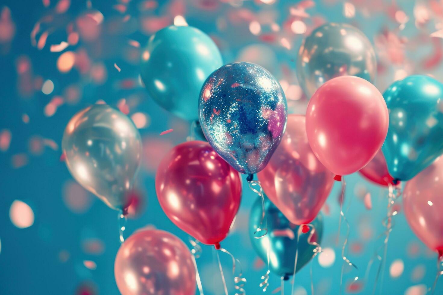 ai generiert Rosa, Blau und Silber Helium Luftballons fallen hinter ein Blau Hintergrund foto