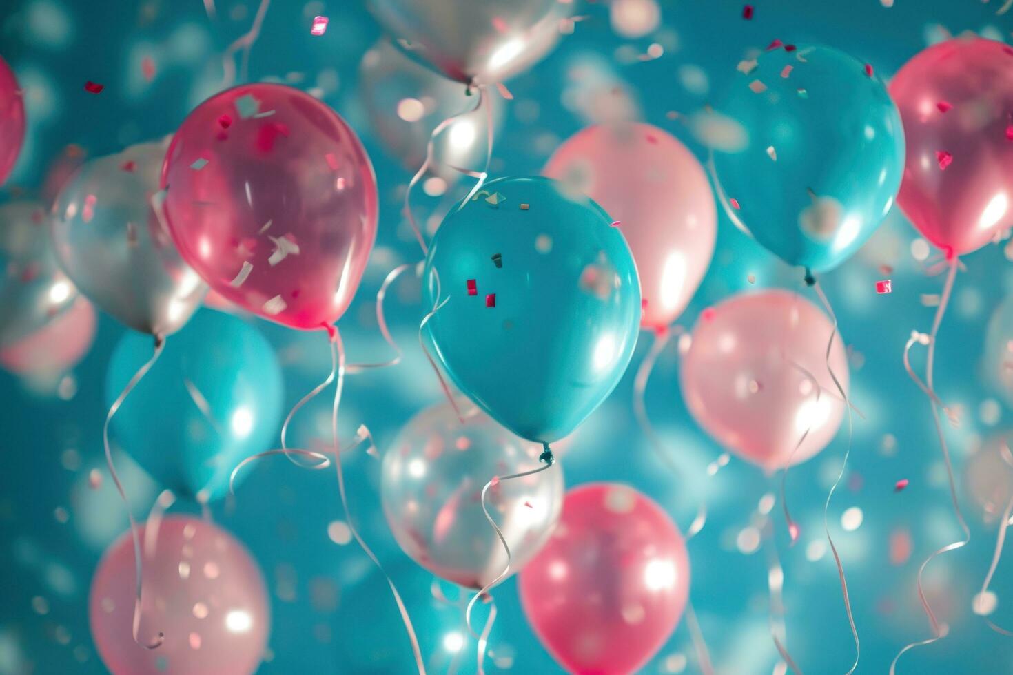 ai generiert Rosa, Blau und Silber Helium Luftballons fallen hinter ein Blau Hintergrund foto