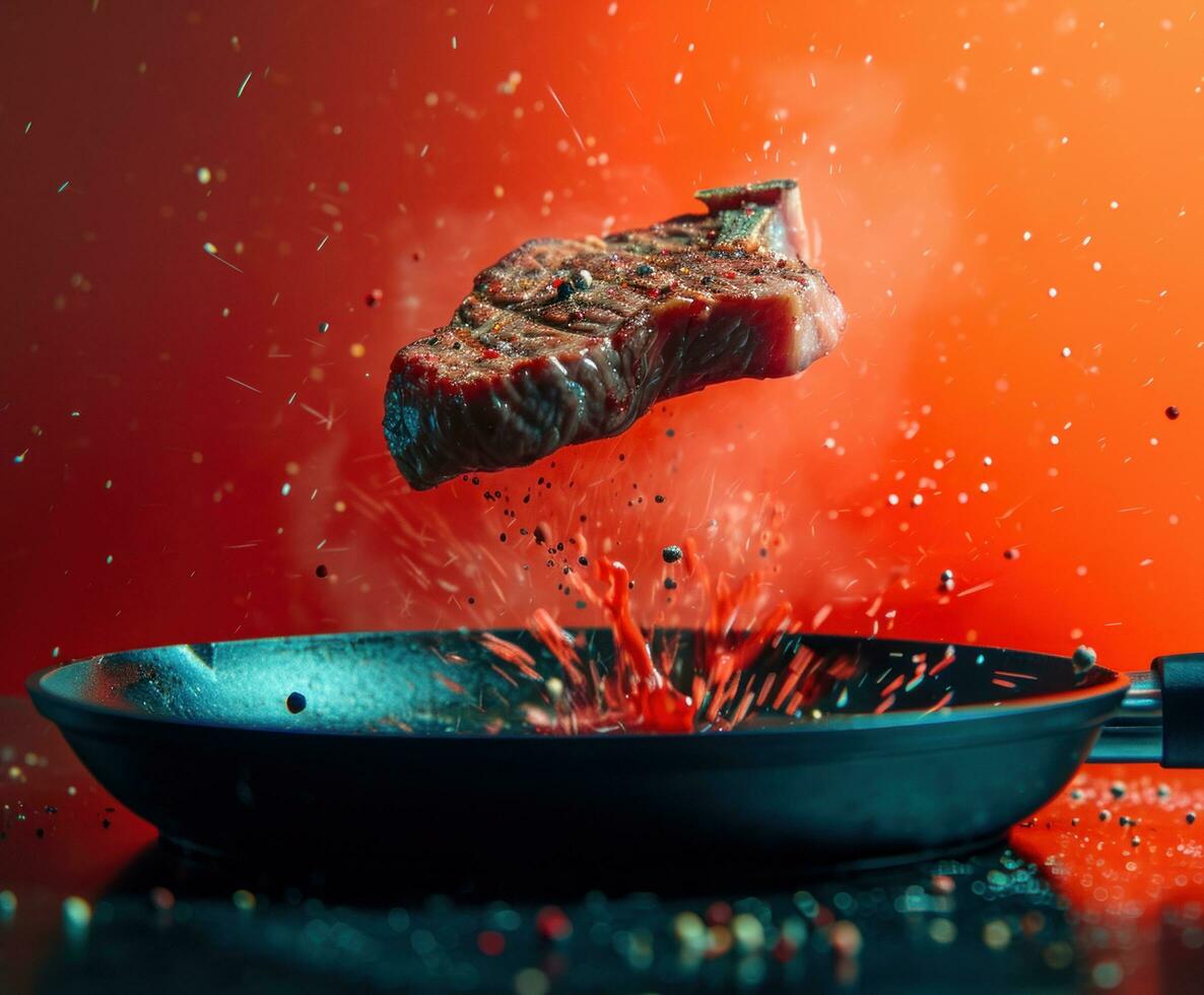 ai generiert ein Steak fliegend aus von ein braten schwenken foto