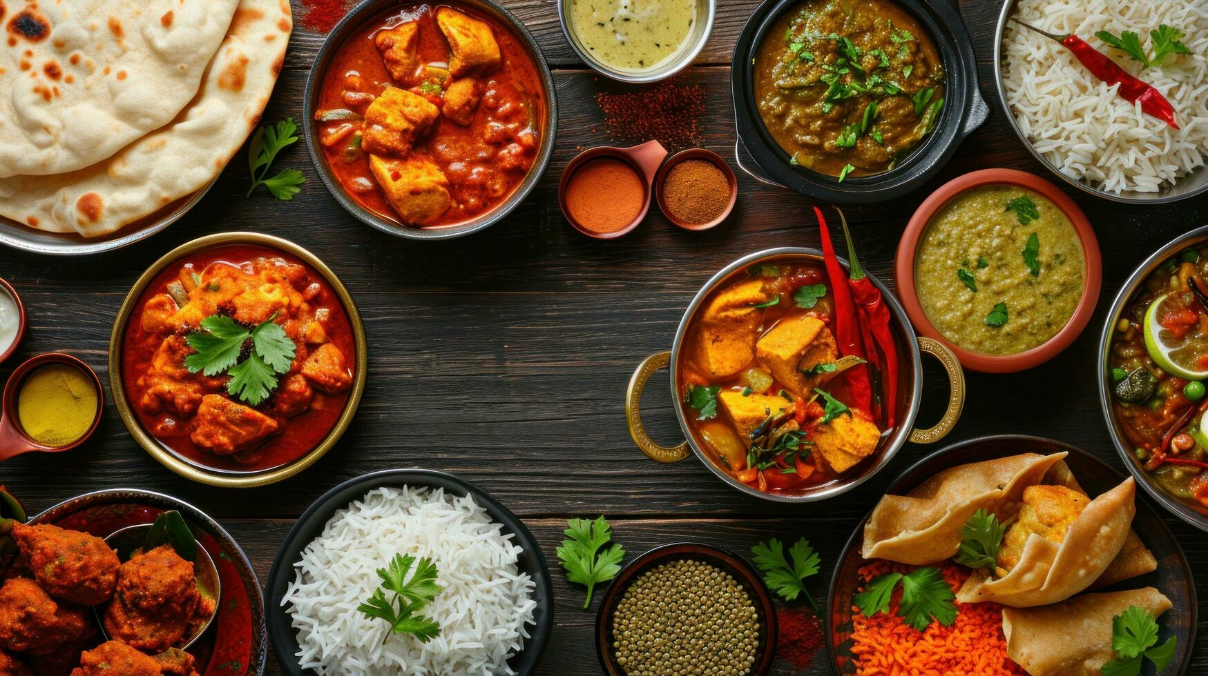 ai generiert sortiert indisch Essen auf dunkel hölzern Hintergrund foto
