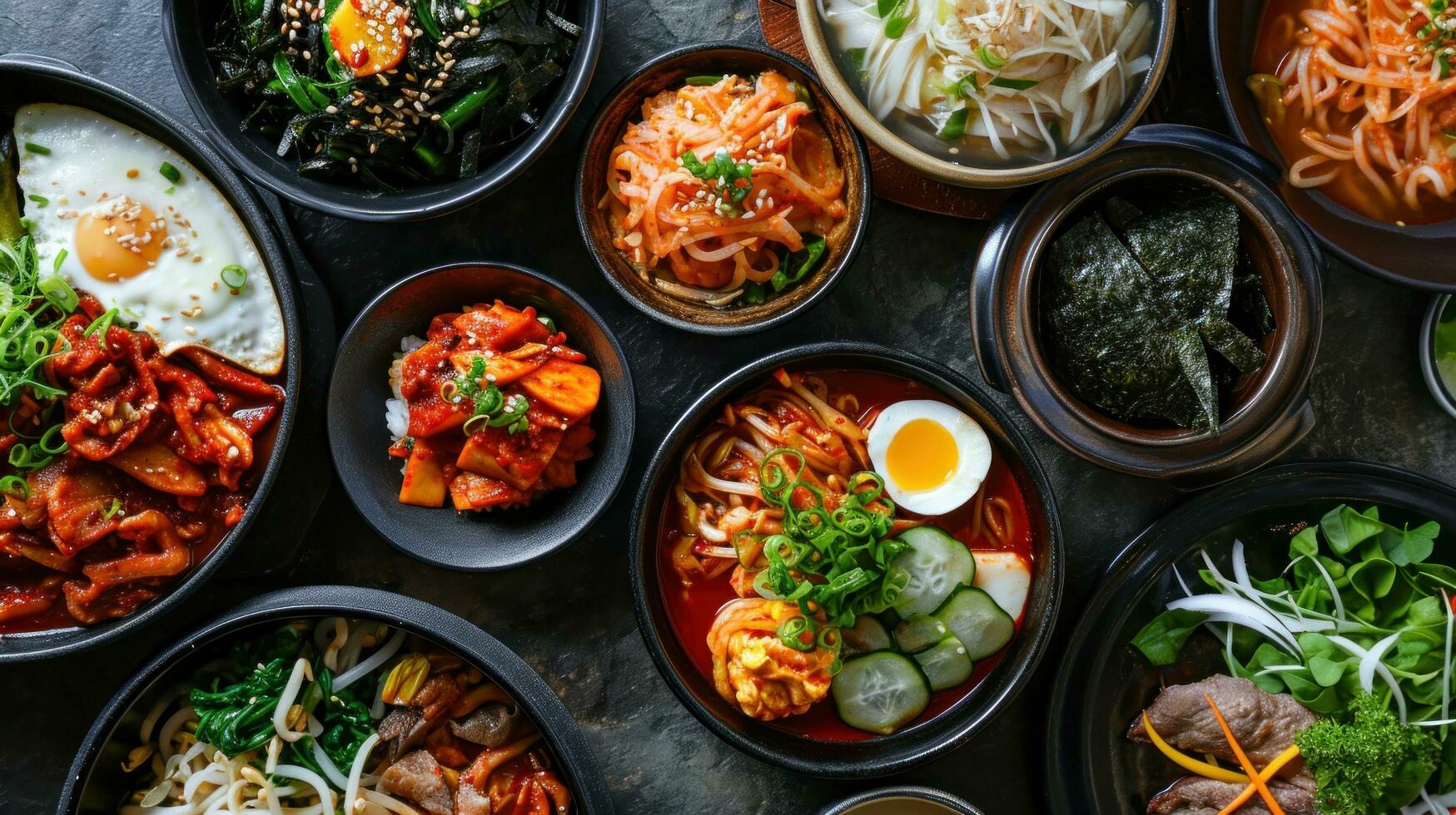 ai generiert Sortiment von Koreanisch traditionell Teller. asiatisch Lebensmittel. foto
