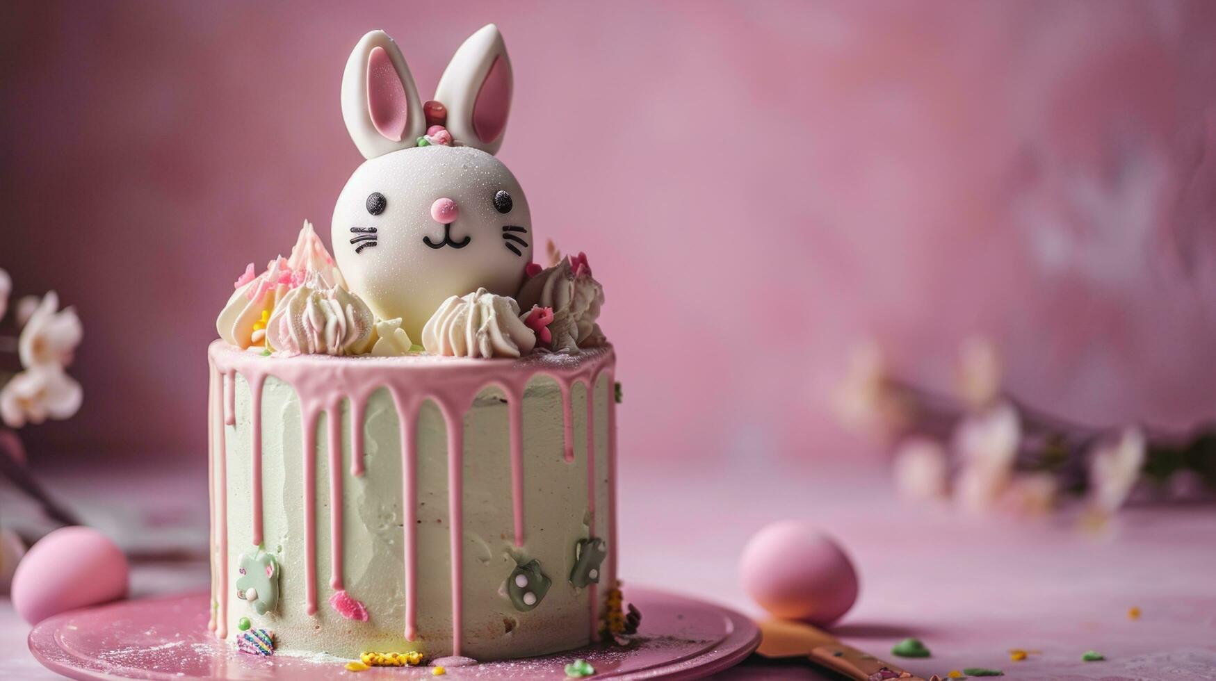 ai generiert Ostern Hase Feier Kuchen auf ein Rosa Hintergrund foto