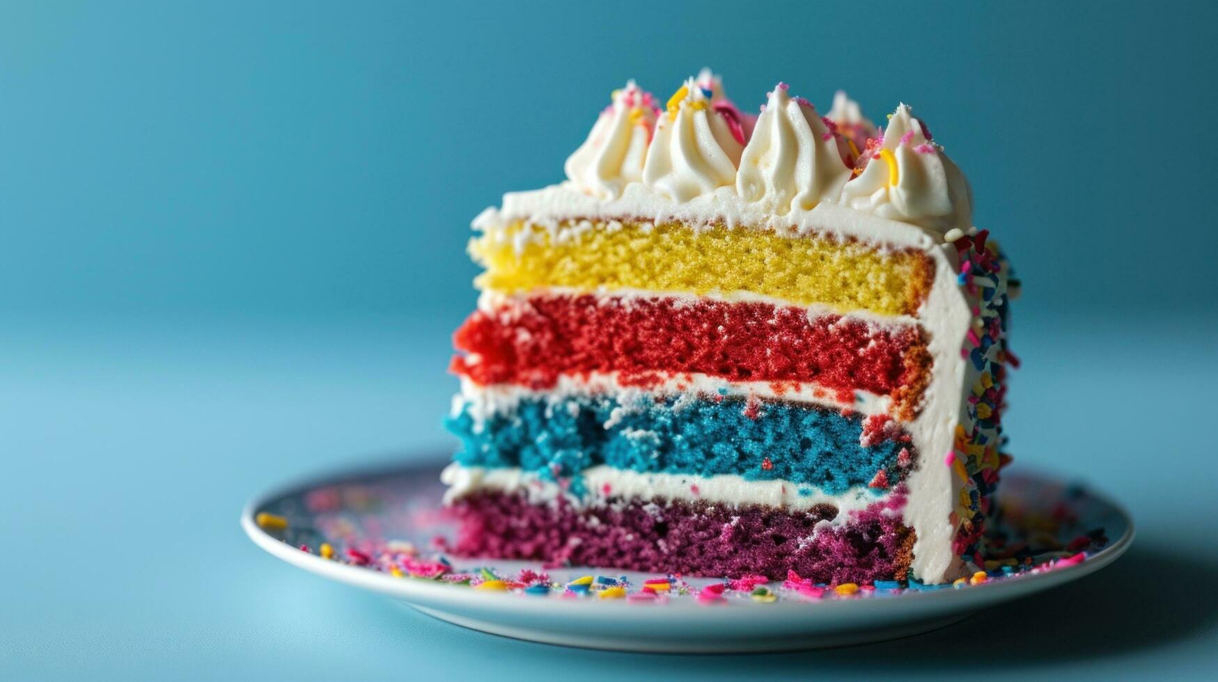 ai generiert köstlich Regenbogen Kuchen mit ausgepeitscht Sahne Belag foto