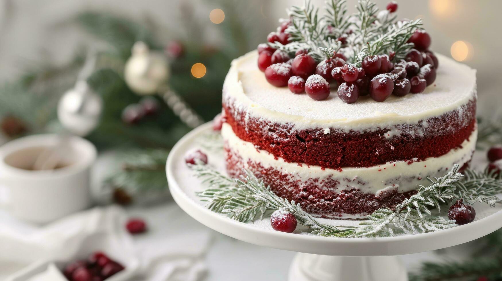 ai generiert festlich rot Samt Kuchen auf Weiß Kuchen Stand foto