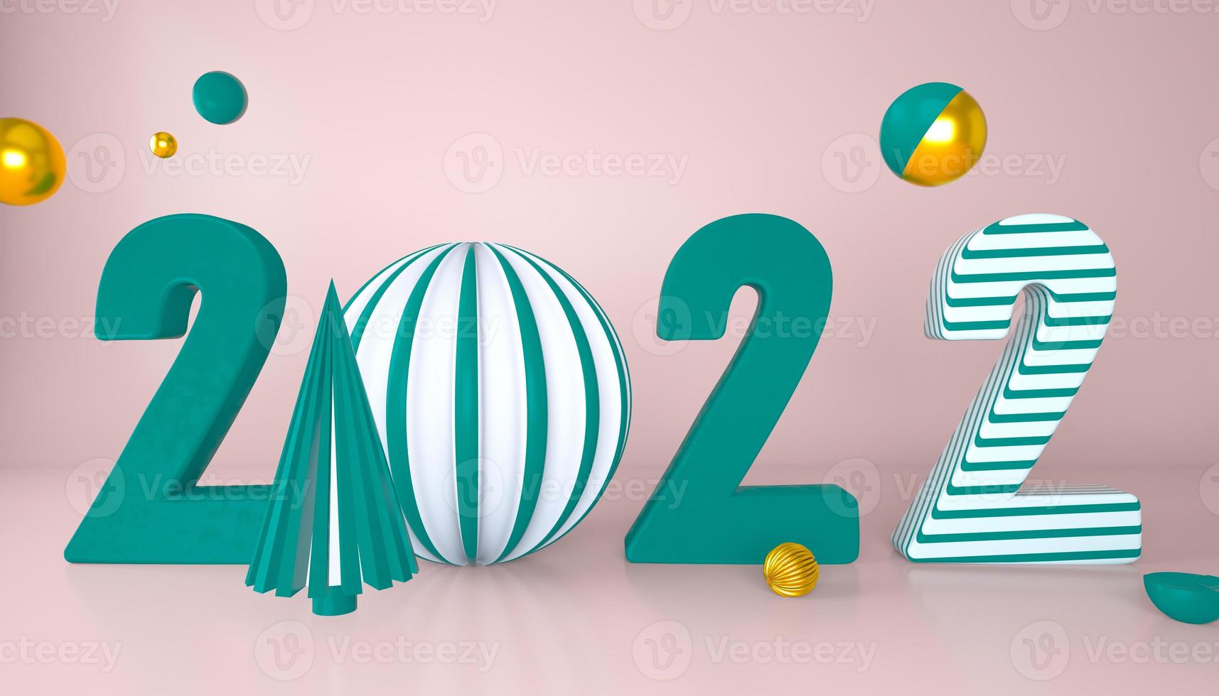 Frohes neues Jahr 2022. 3D-Zahlen mit geometrischen Formen und Weihnachtskugel. 3D-Rendering. foto