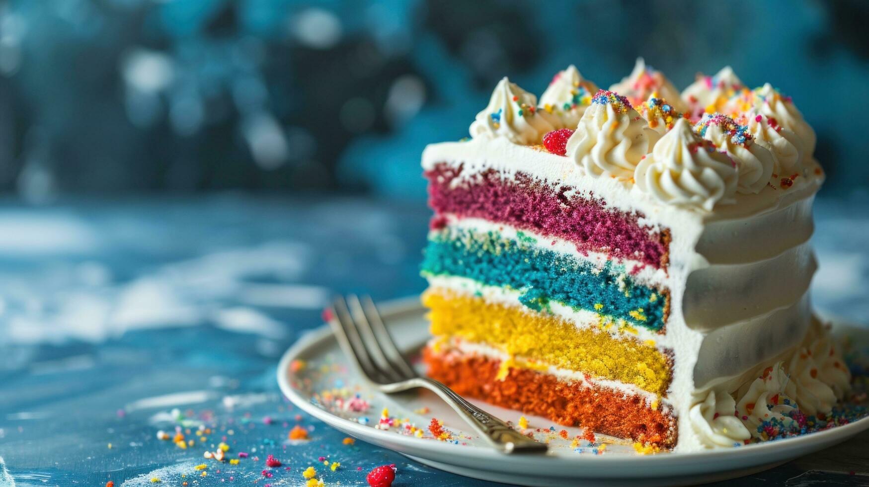 ai generiert köstlich Regenbogen Kuchen mit ausgepeitscht Sahne Belag foto