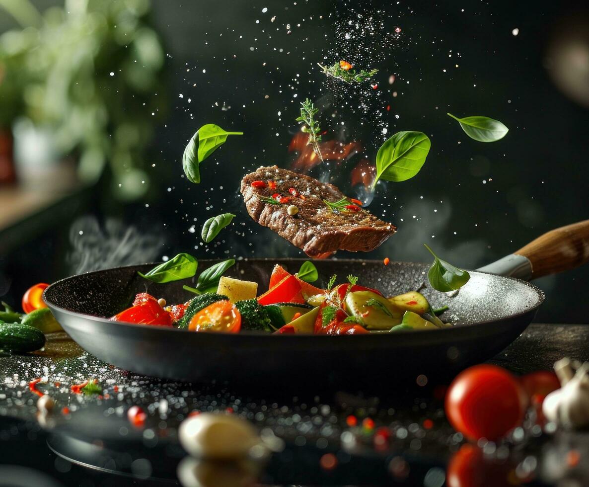 ai generiert braten schwenken mit Steak und Gemüse fliegend foto