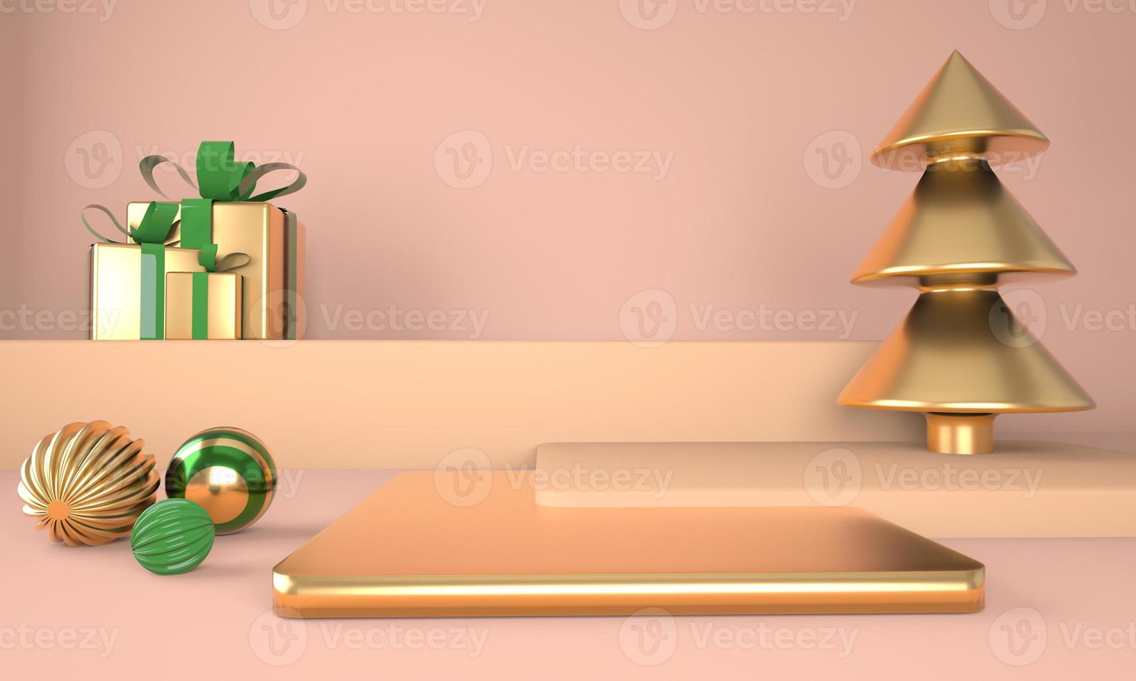 Weihnachtshintergrund mit Weihnachtsbaum und Bühne für die Produktpräsentation. 3D-Rendering. foto