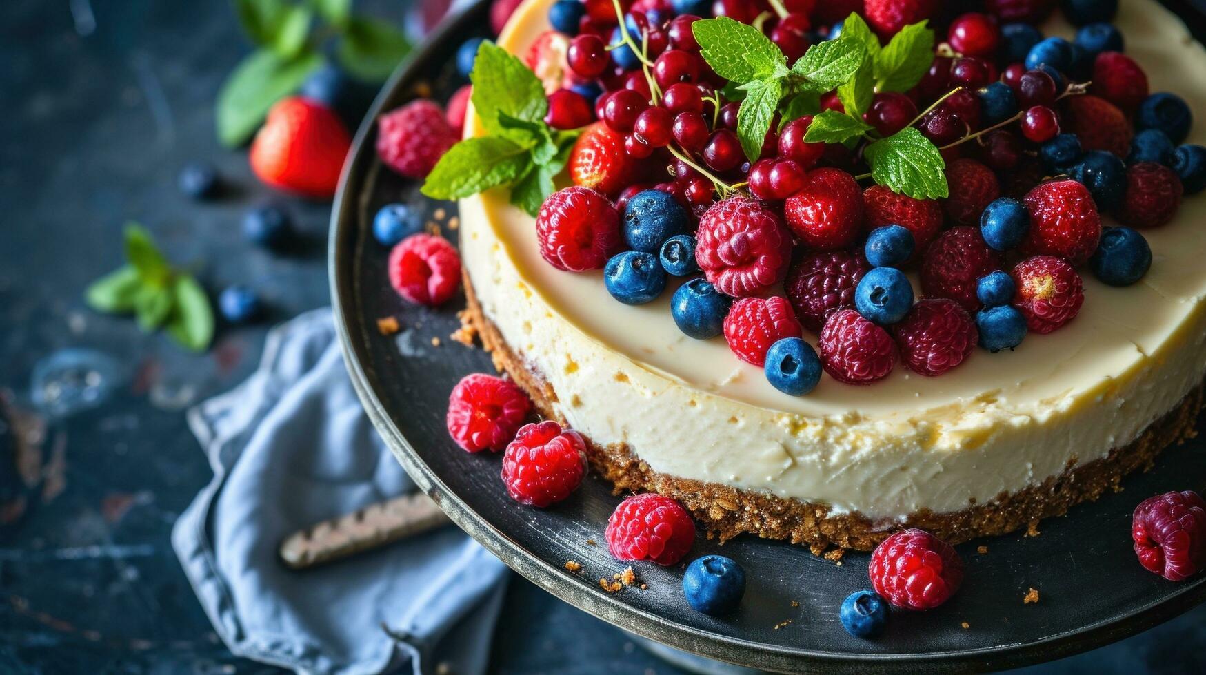 ai generiert hausgemacht Käsekuchen mit frisch Beeren und Minze zum Dessert foto