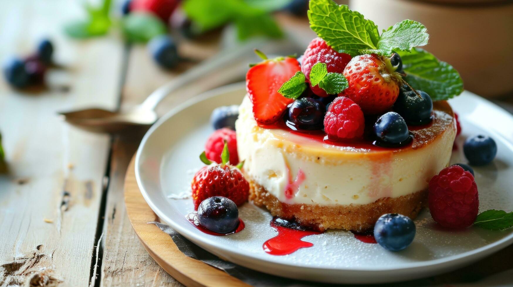 ai generiert hausgemacht Käsekuchen mit frisch Beeren und Minze zum Dessert foto