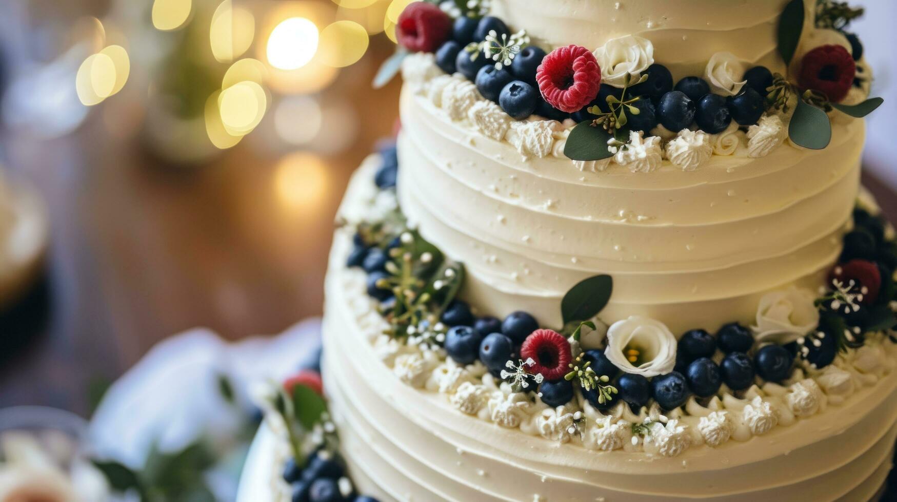 ai generiert Weiß Hochzeit Kuchen mit Blumen und Blaubeeren foto