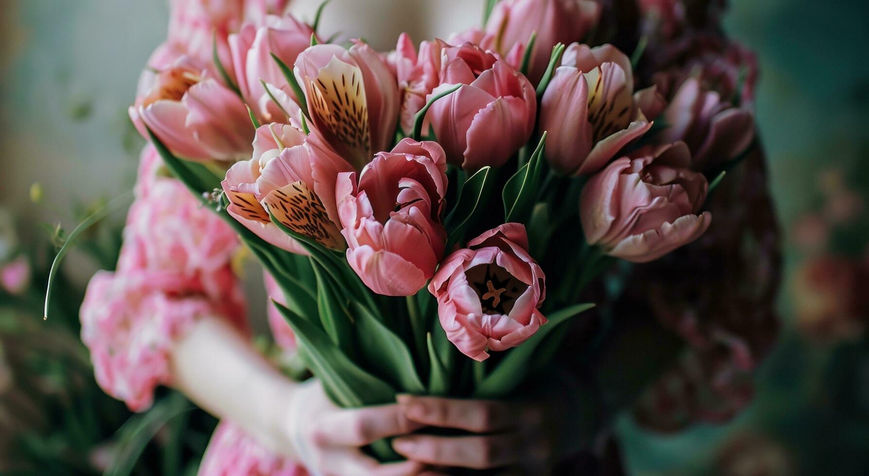 ai generiert ein Frau mit Rosa Kleid ist halten Strauß von Tulpen foto