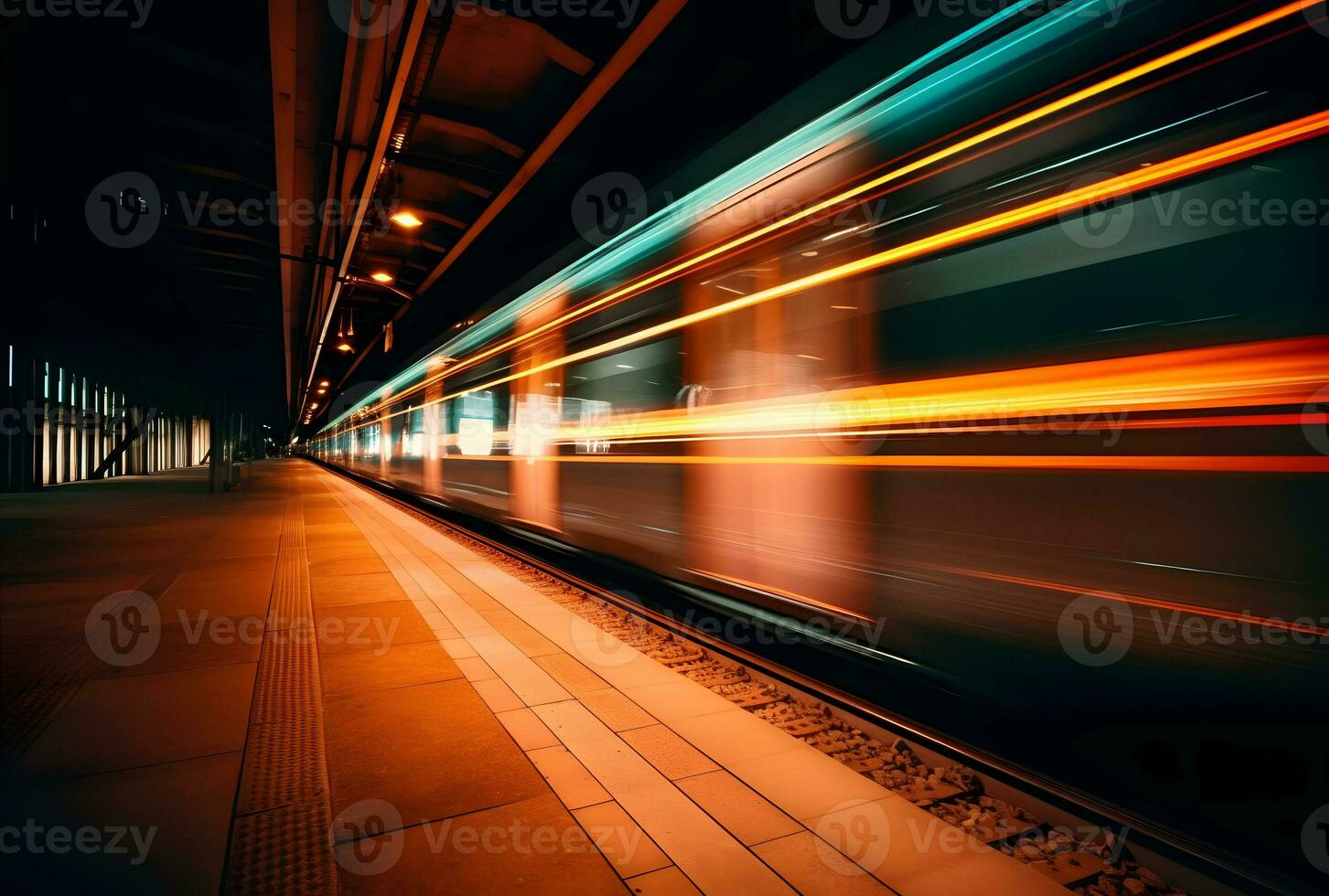 ai generiert ein schön lange Exposition von ein Zug Vorbeigehen durch beim das unter Tage Bahnhof foto